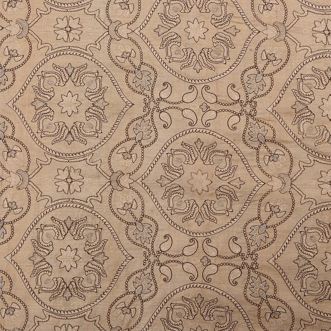 Beige Tussar Embroidered Fabric