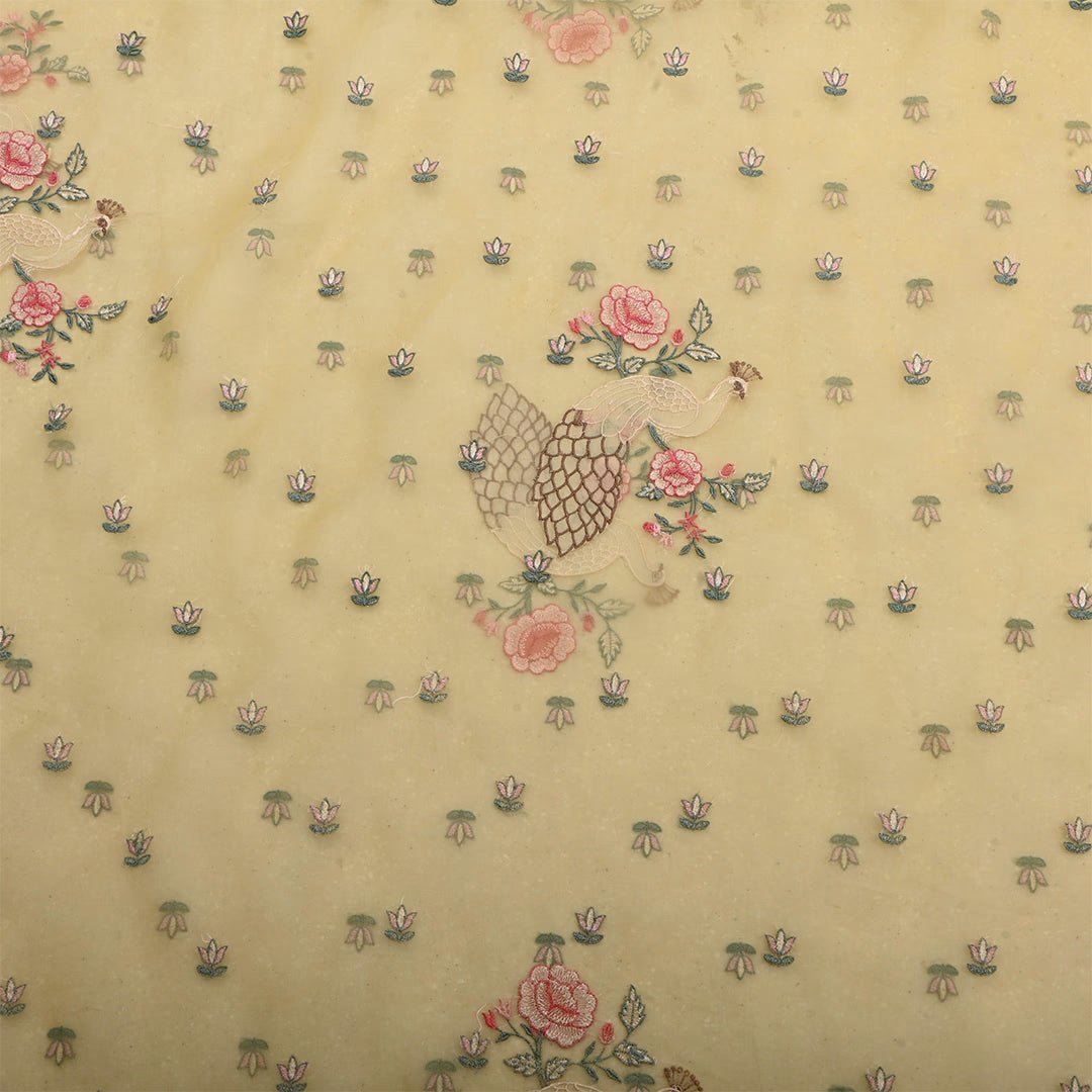 Pastel Yellow Organza Embroidered Fabric