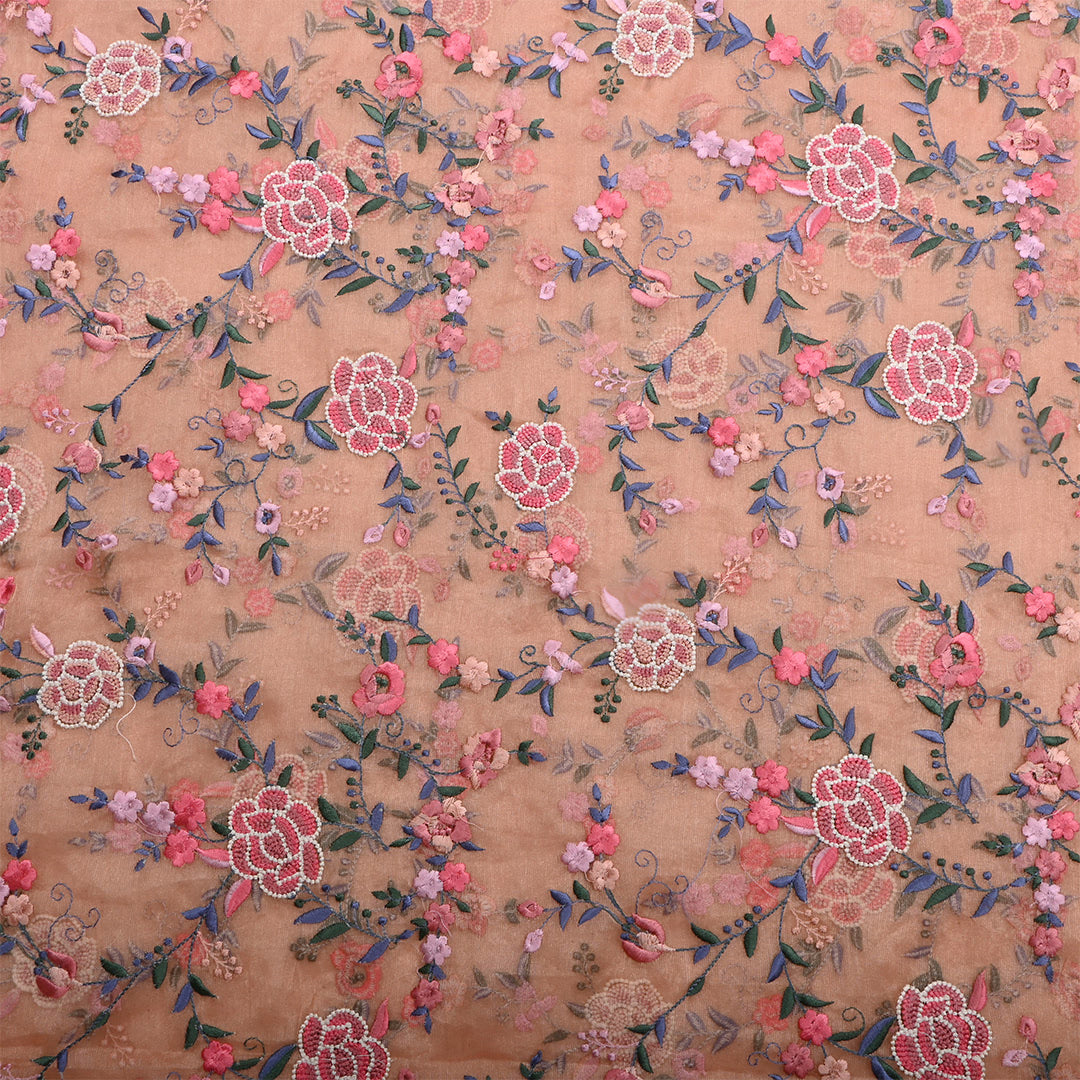 Dark Peach Tissue Floral Embroidered Fabric