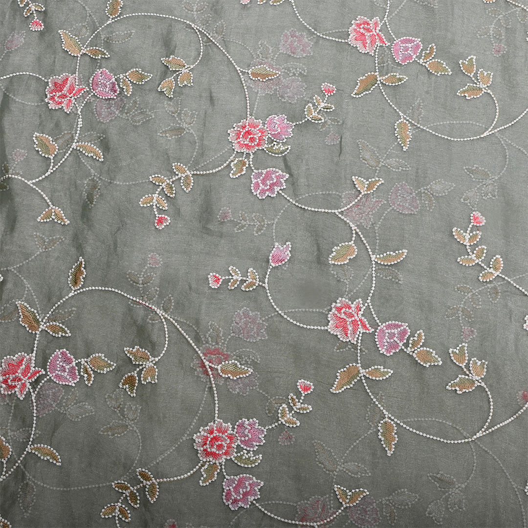 Light Grayish Turquoise Tissue Embroidered Fabric