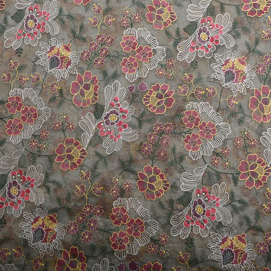 Light Gray Green Tissue Embroidered Fabric