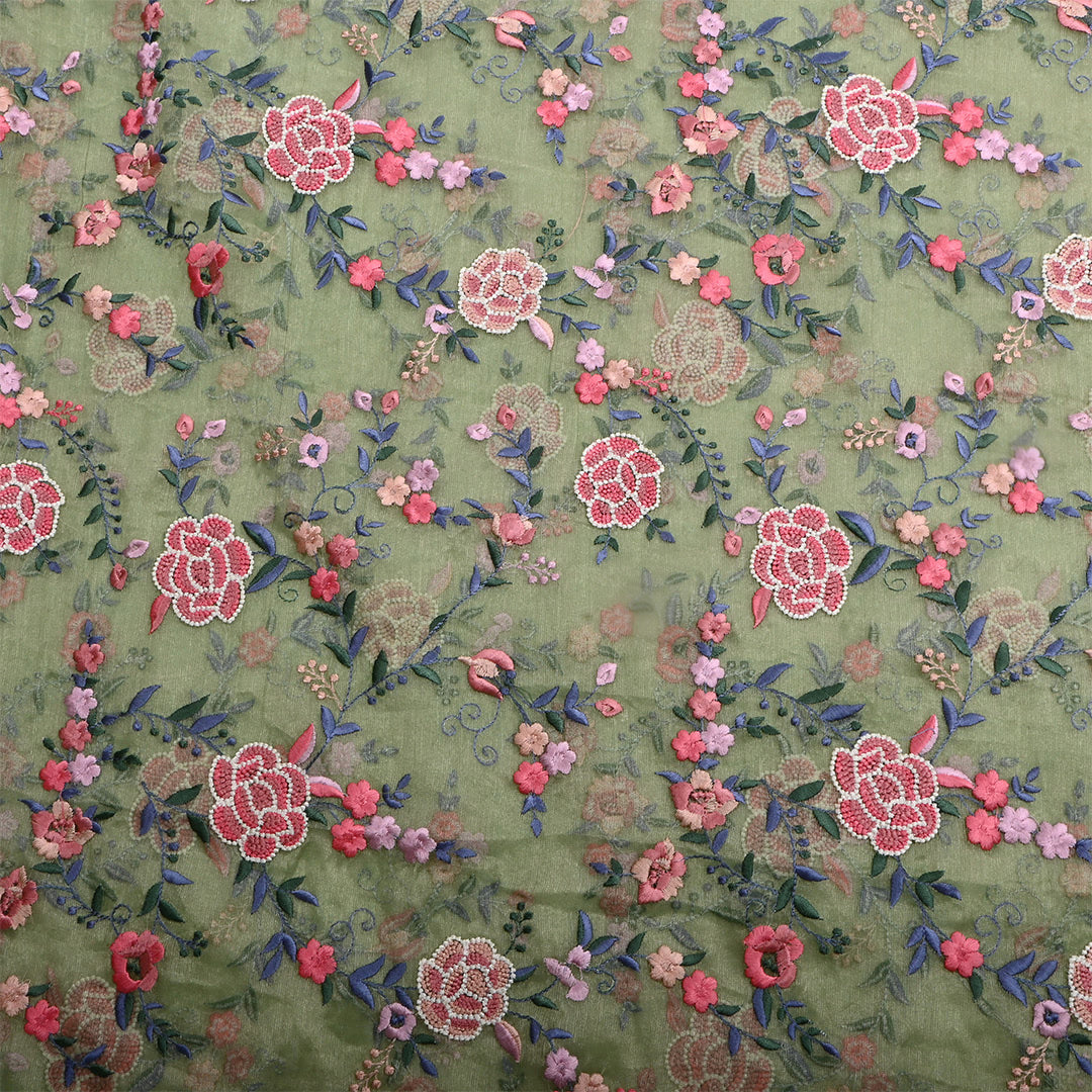 Pastel Light Green Tissue Floral Embroidered Fabric