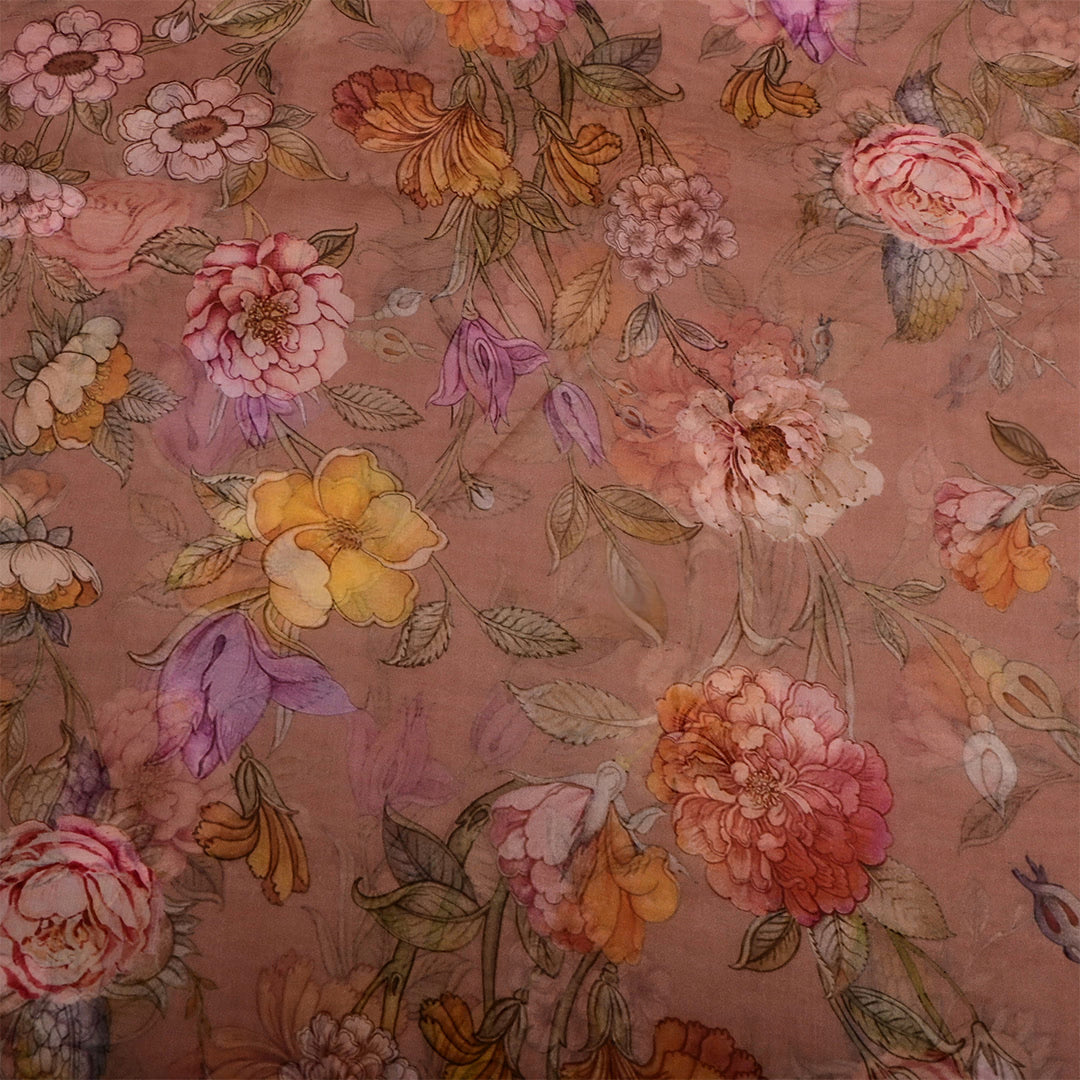 Cocoa Brown Organza Floral Printed Fabric