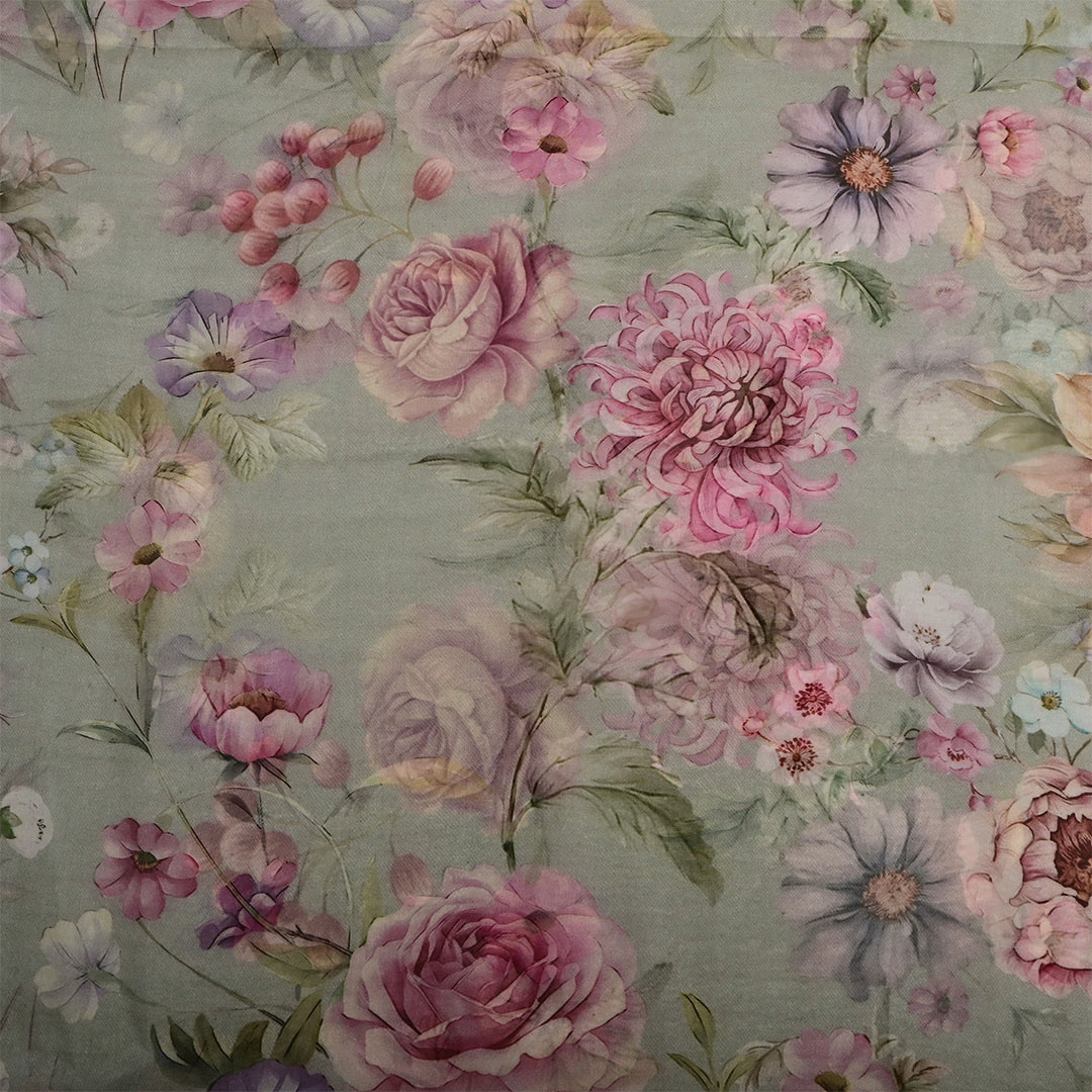 Light Pistachio Green Organza Floral Printed Fabric