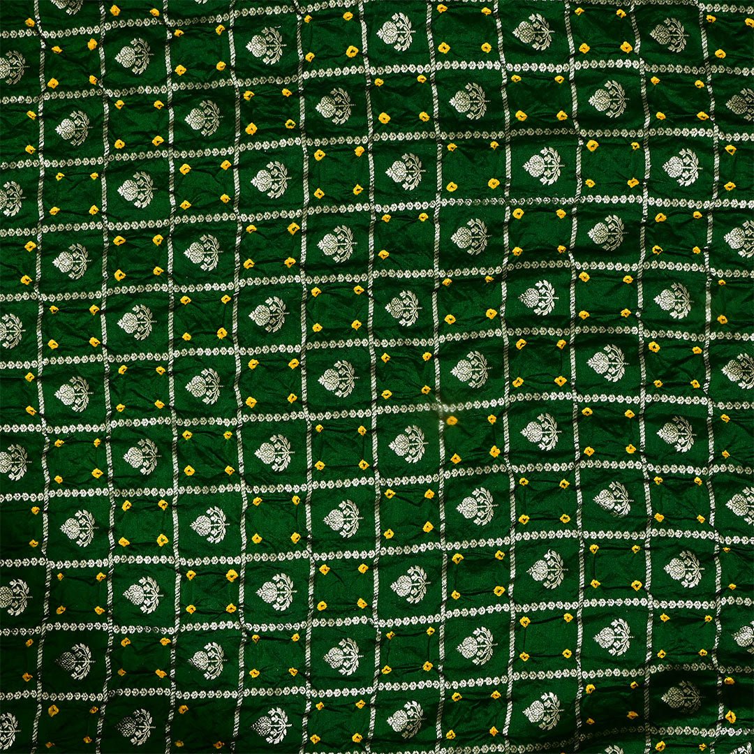 County Green Silk Bandhani Fabric With Checks Pattern