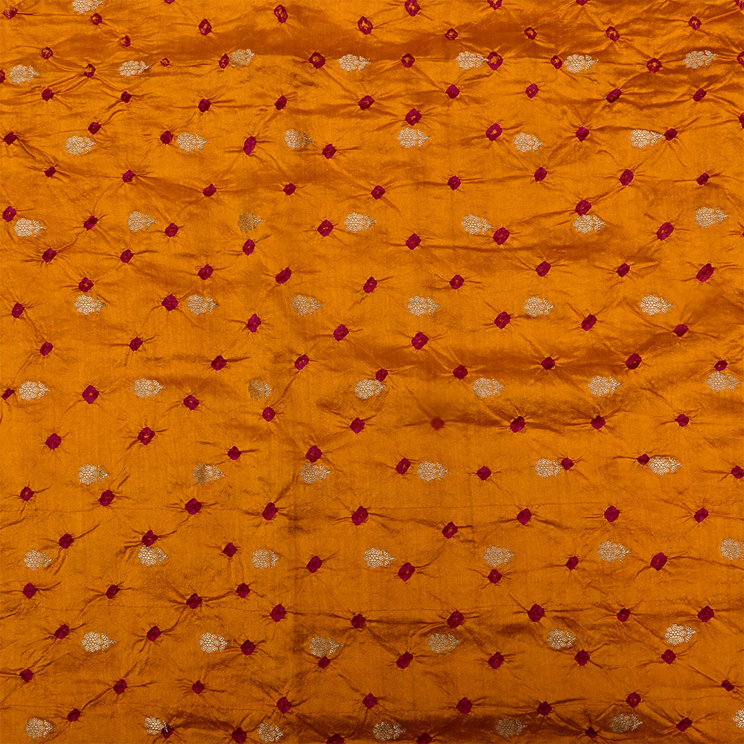 Rusty Orange Silk Bandhani Fabric With Floral Motifs