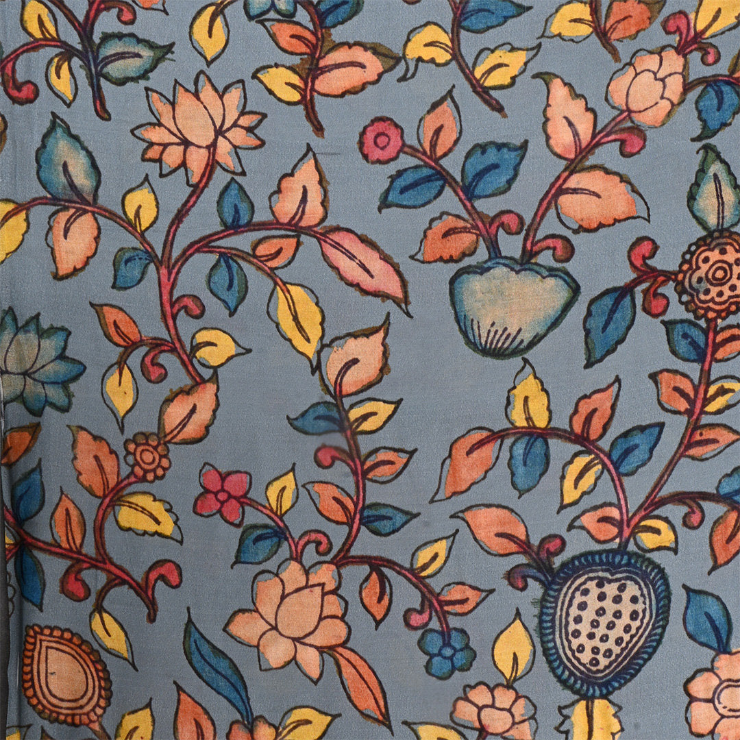 Steel Cyan Blue Satin Fabric With Kalamkari Print