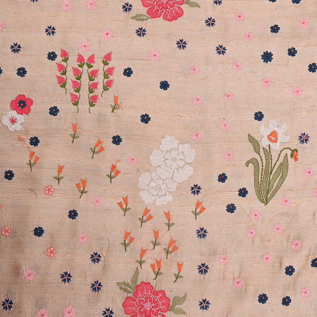 Almond Beige Dupion Raw Silk Embroidered Fabric