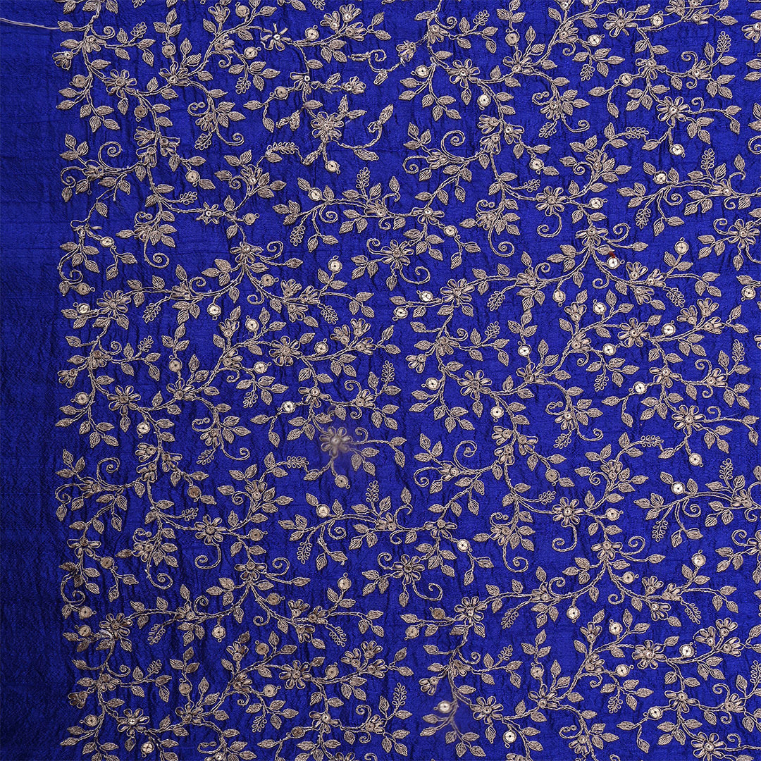 Denim Dark Blue Dupion Raw Silk Zari Embroidered Fabric