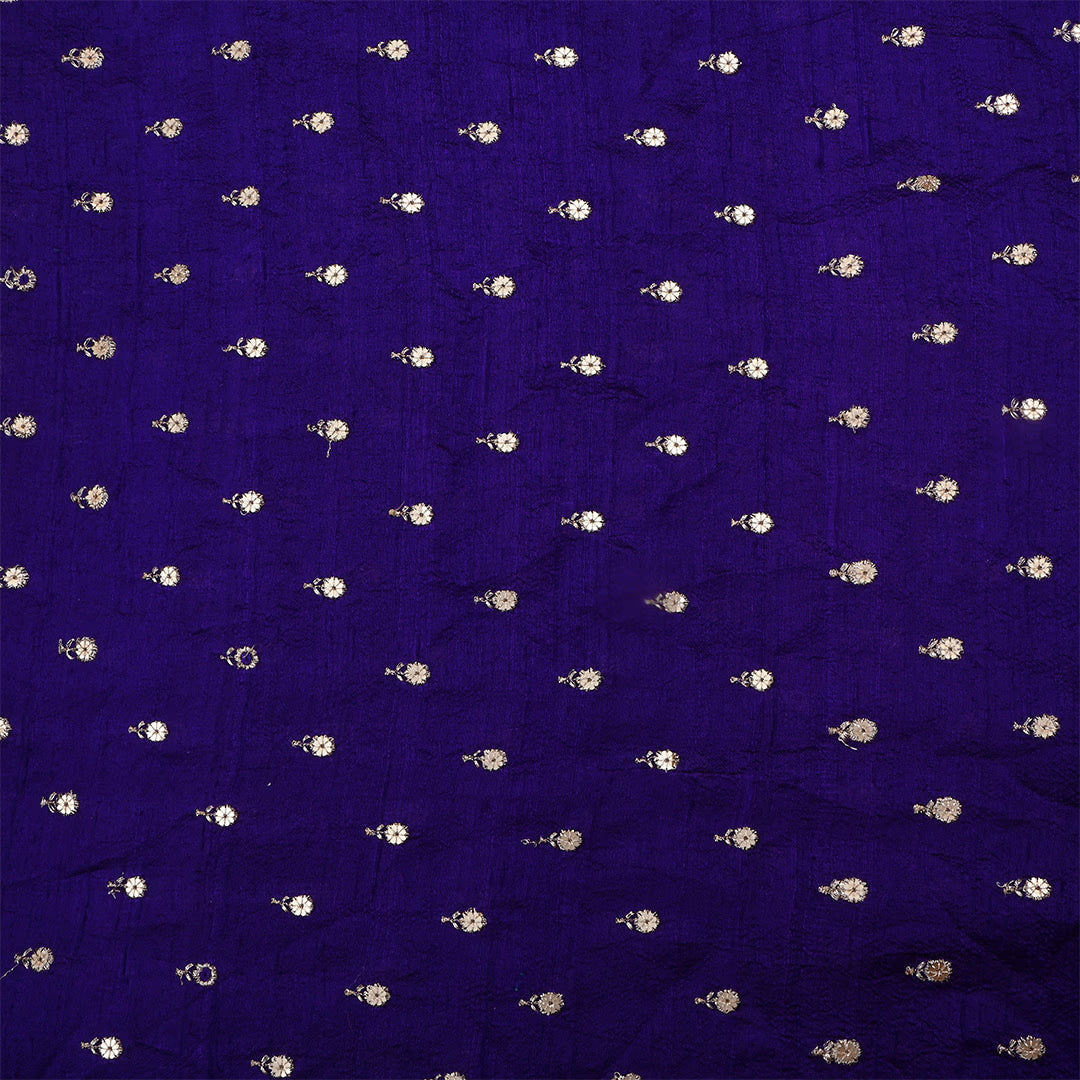 Dark Indigo Dupion Raw Silk Embroidered Fabric