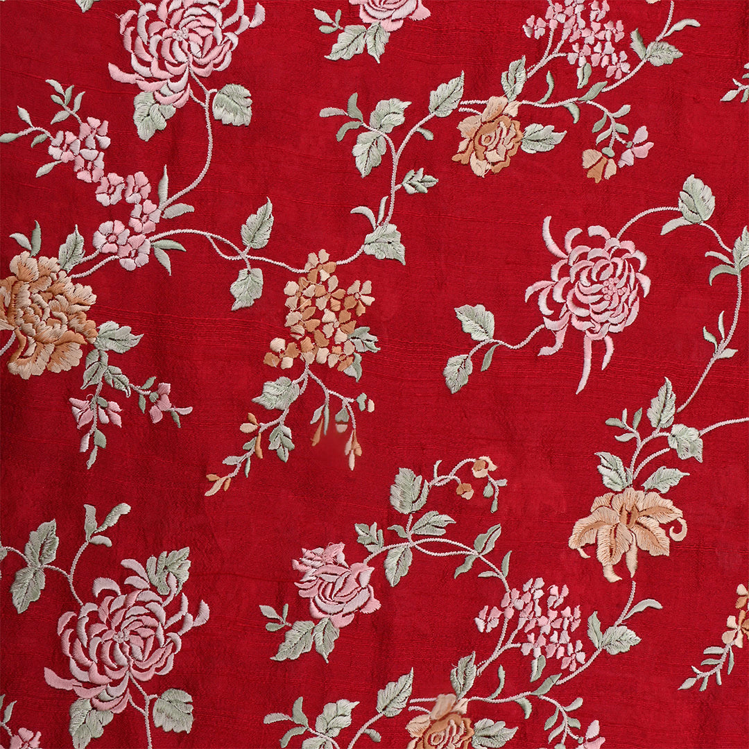 Red Wine Dupion Raw Silk Embroidered Fabric