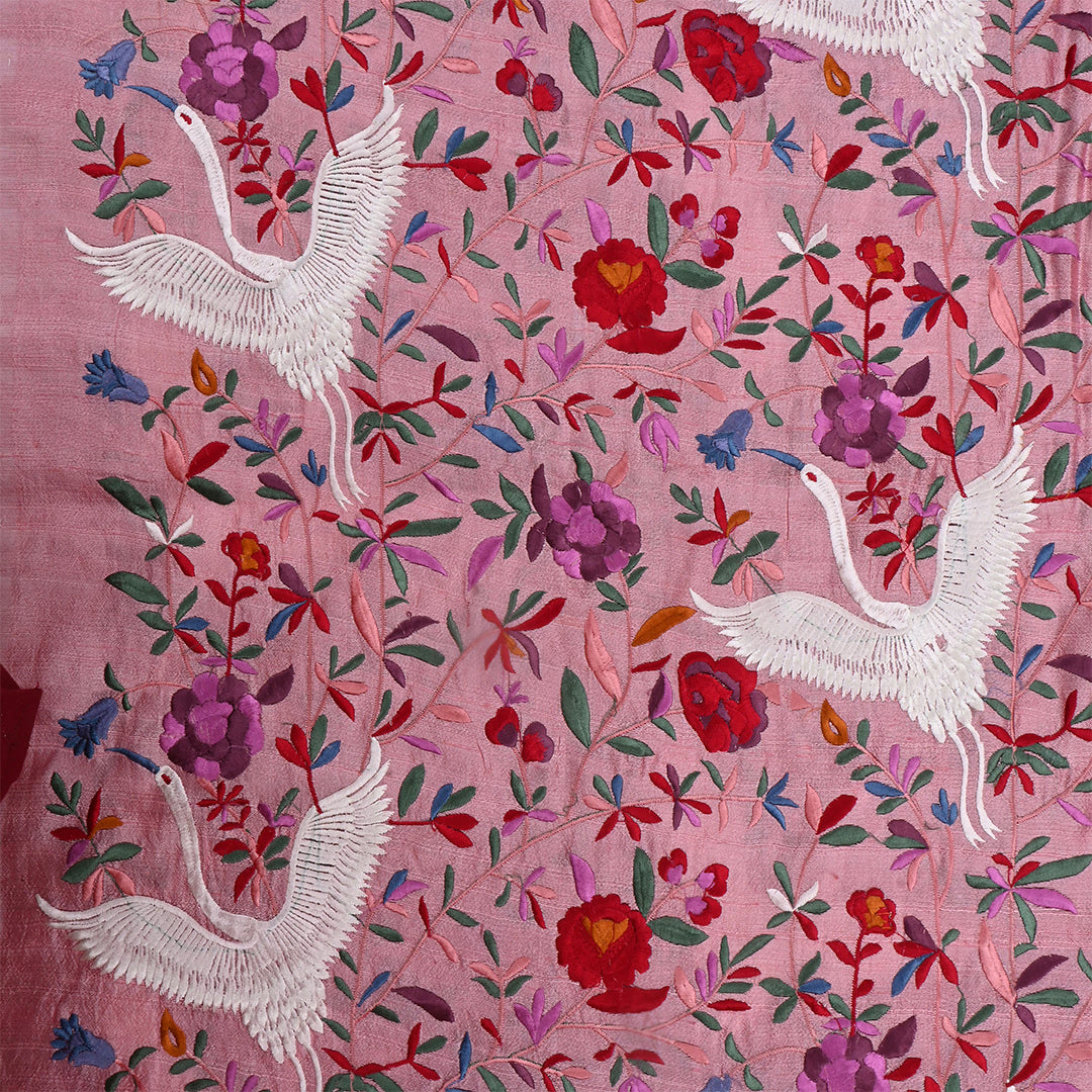 Copper Rose Pink Dupion Raw Silk Embroidered Fabric