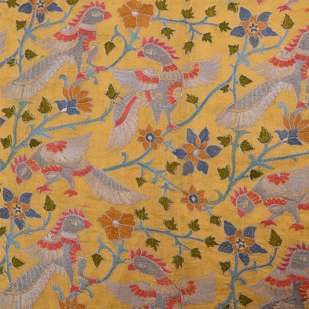 Yellow Dupion Raw Silk Embroidered Fabric