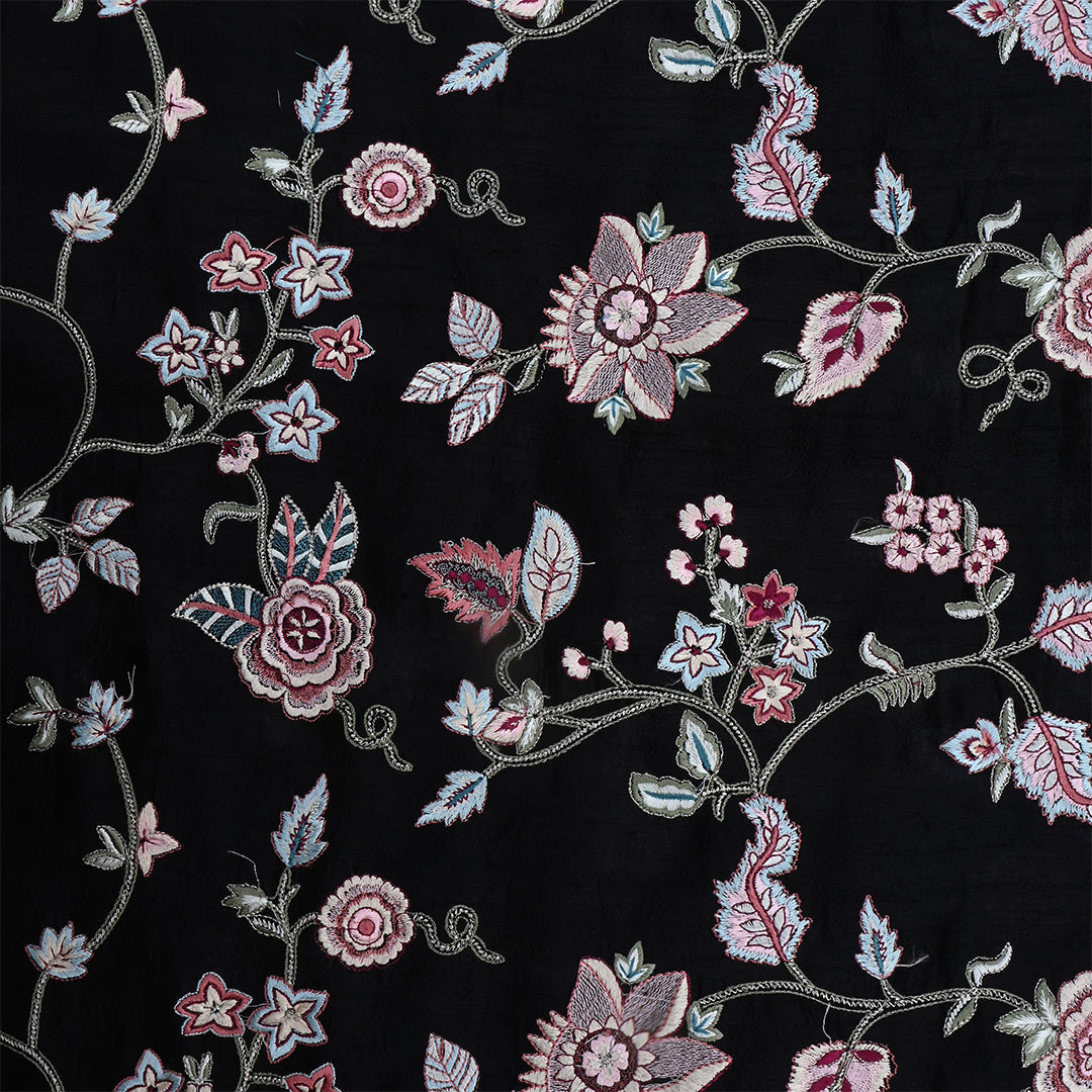 Jute Black Dupion Raw Silk Embroidered Fabric
