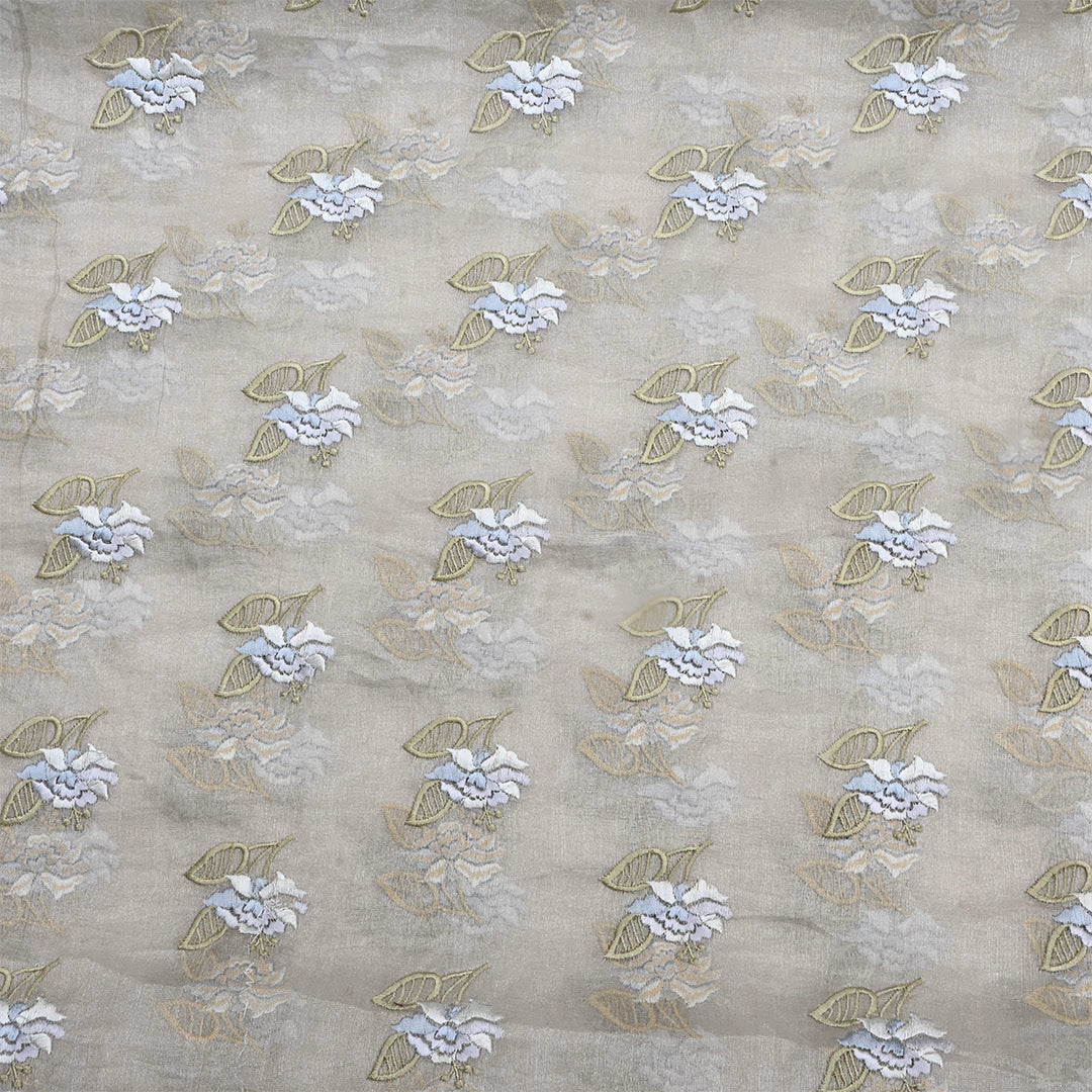 Metallic Silver Tissue Floral Embroidered Fabric