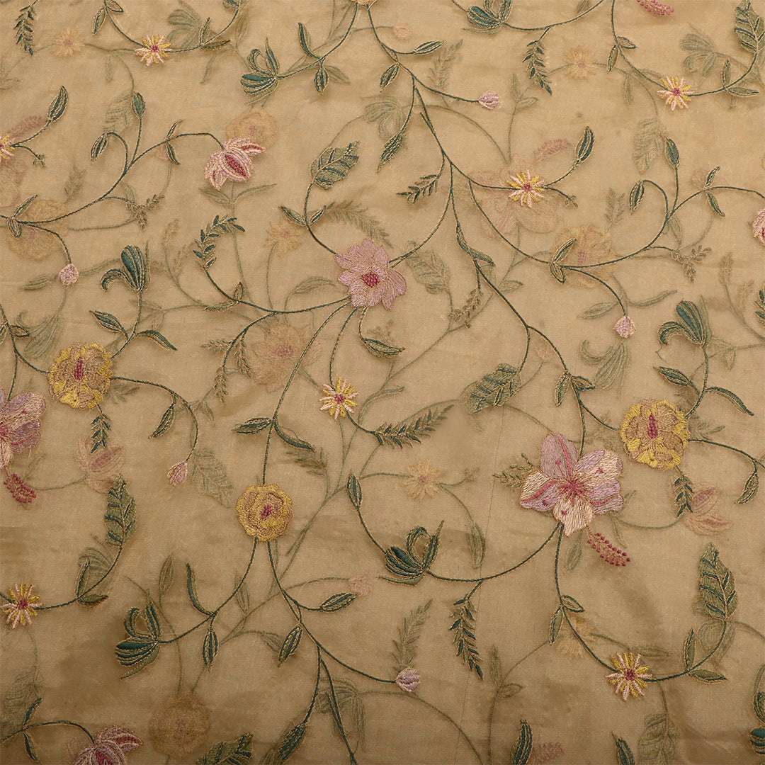 Dark Beige Tissue Embroidered Fabric