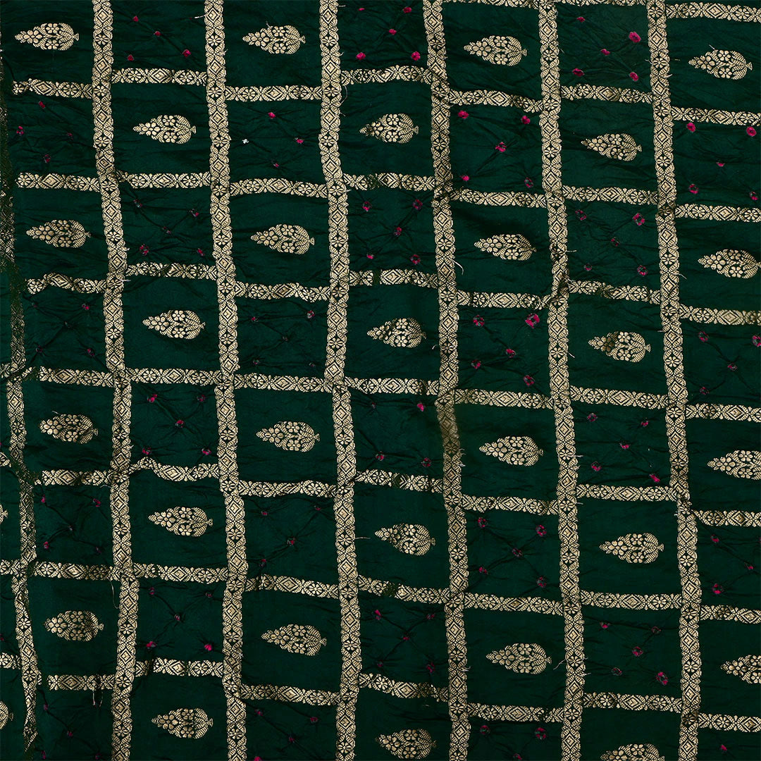 Timber Green Silk Bandhani Fabric With Floral Jaal