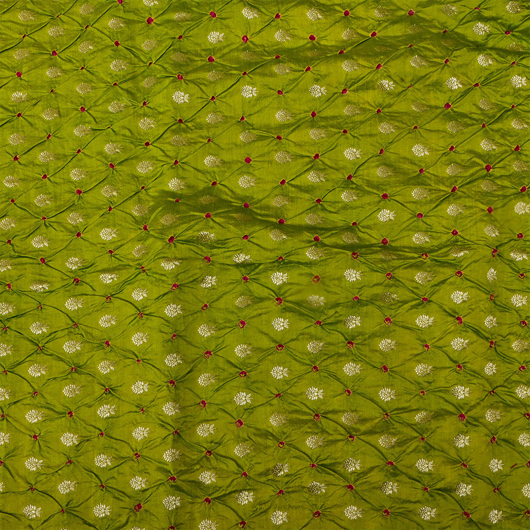 Greeny Brown Silk Bandhani Fabric With Floral Motifs
