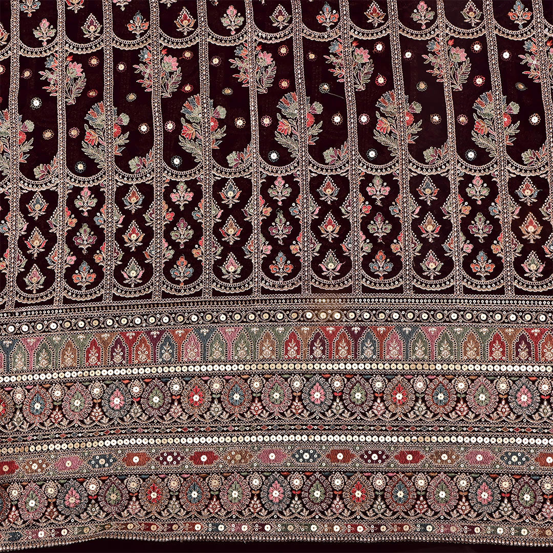 Dark Maroon Georgette Embroidered Fabric