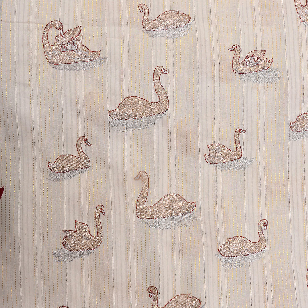 Light Beige Cotton Swan Zari Embroidered Fabric