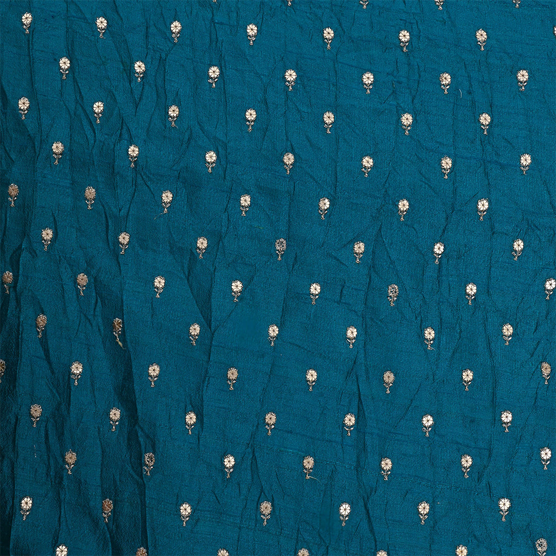 Deep Sea Blue Dupion Raw Silk Embroidered Fabric
