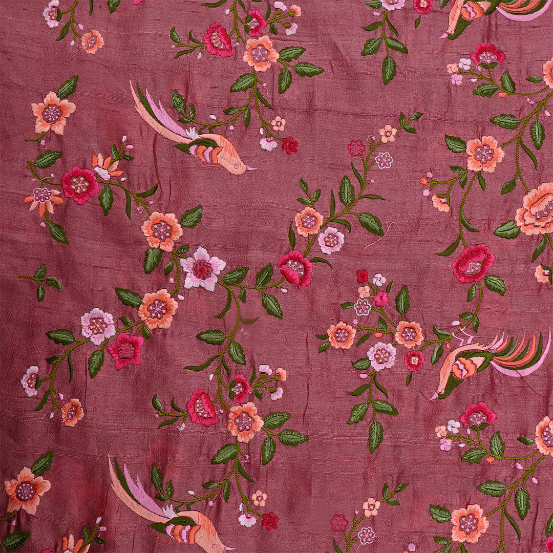 Cordovan Pinkish Red Dupion Raw Silk Embroidered Fabric
