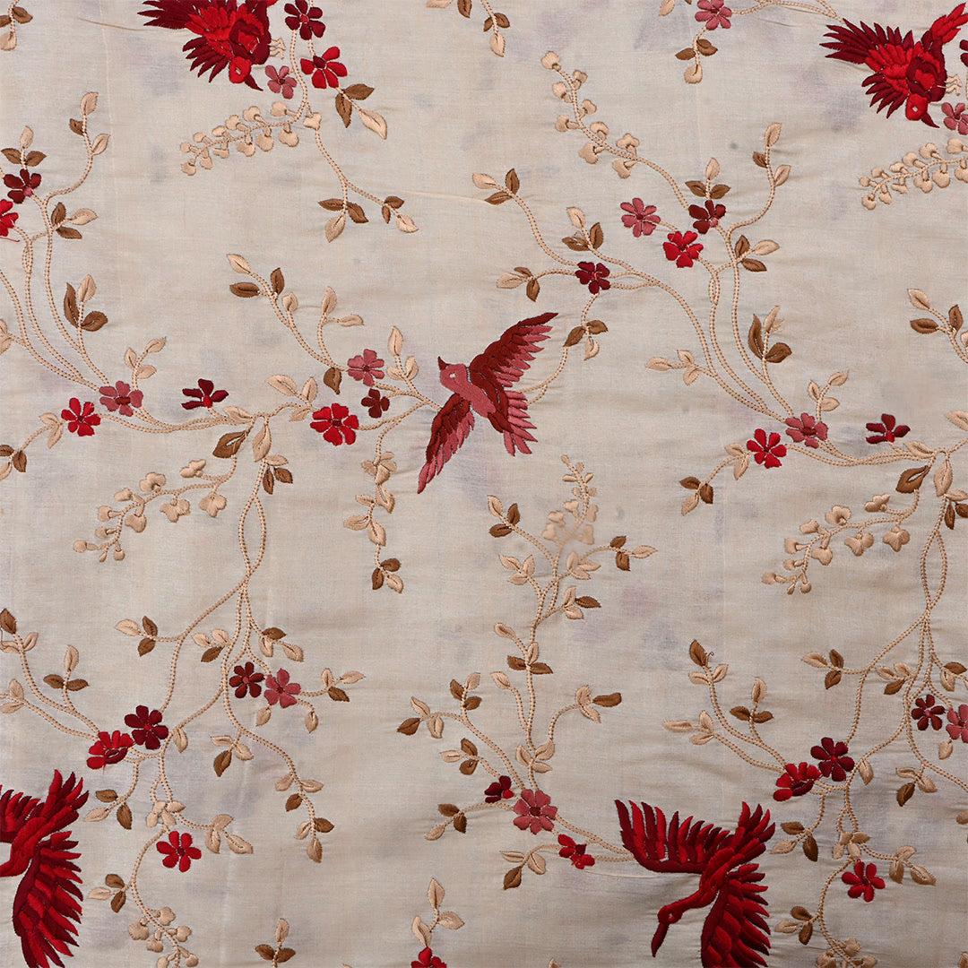 Vanilla Cream Tussar Embroidered Fabric