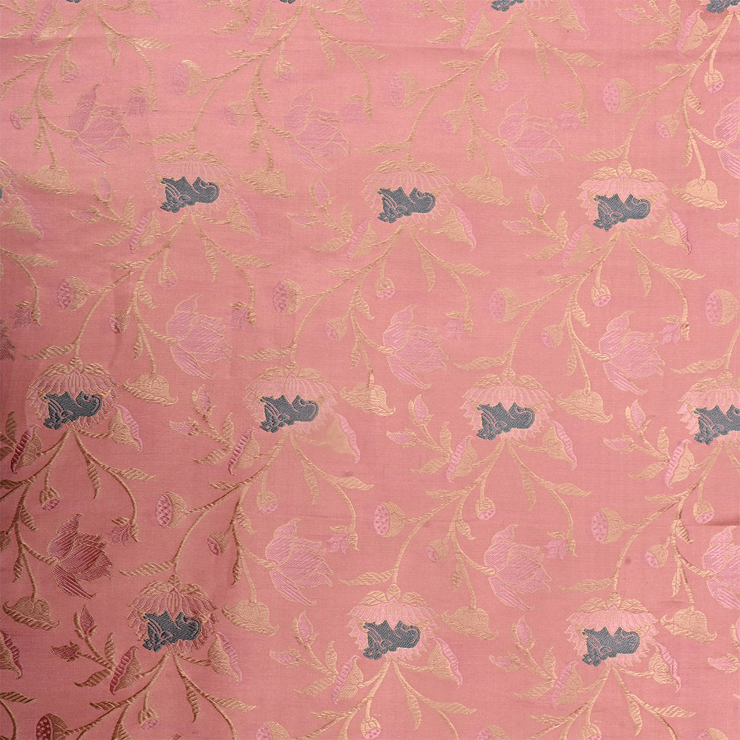 Ruddy Pink Jamawar Satin Fabric With Floral Jaal