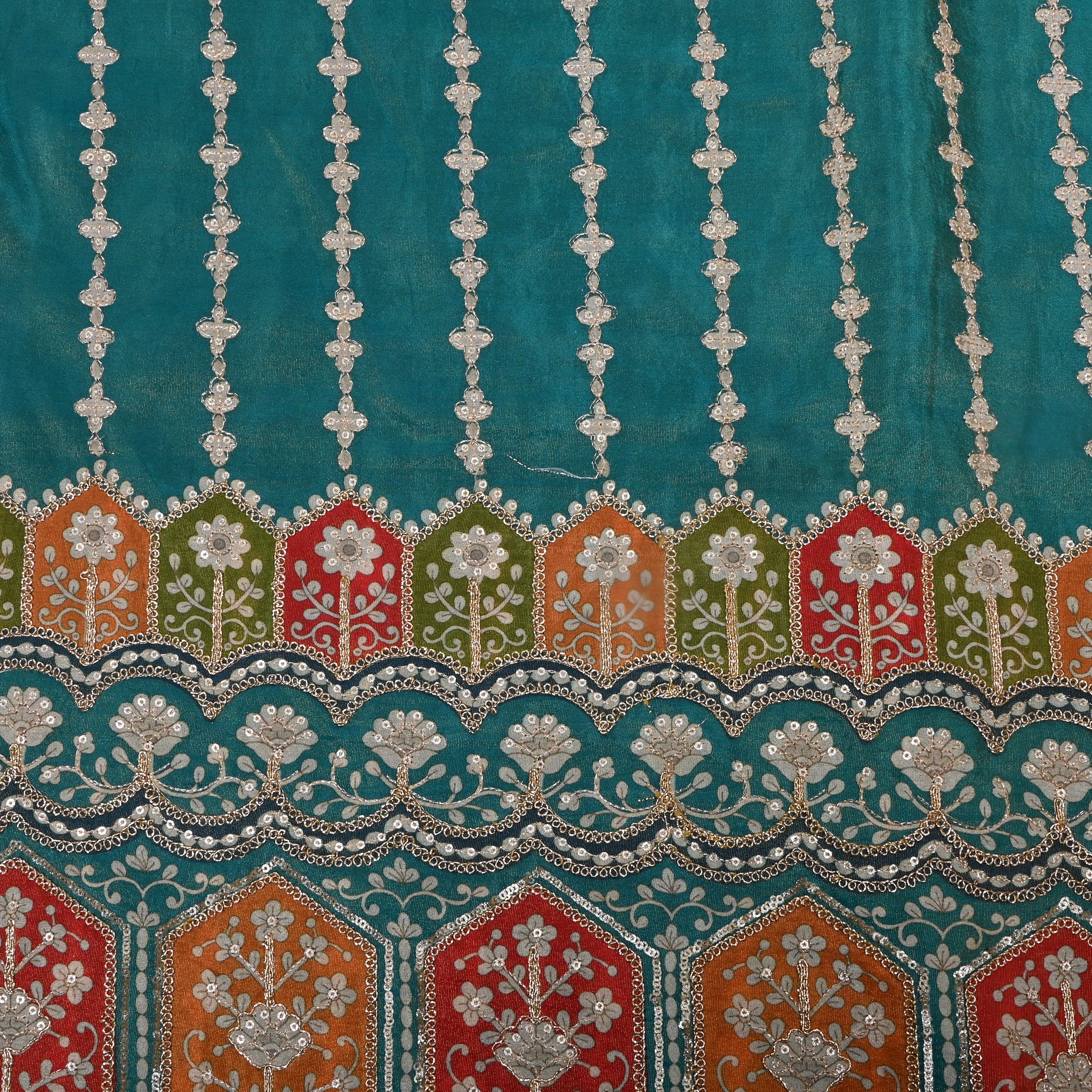 Teal Blue Floral Printed And Embroidered Tissue Fabric