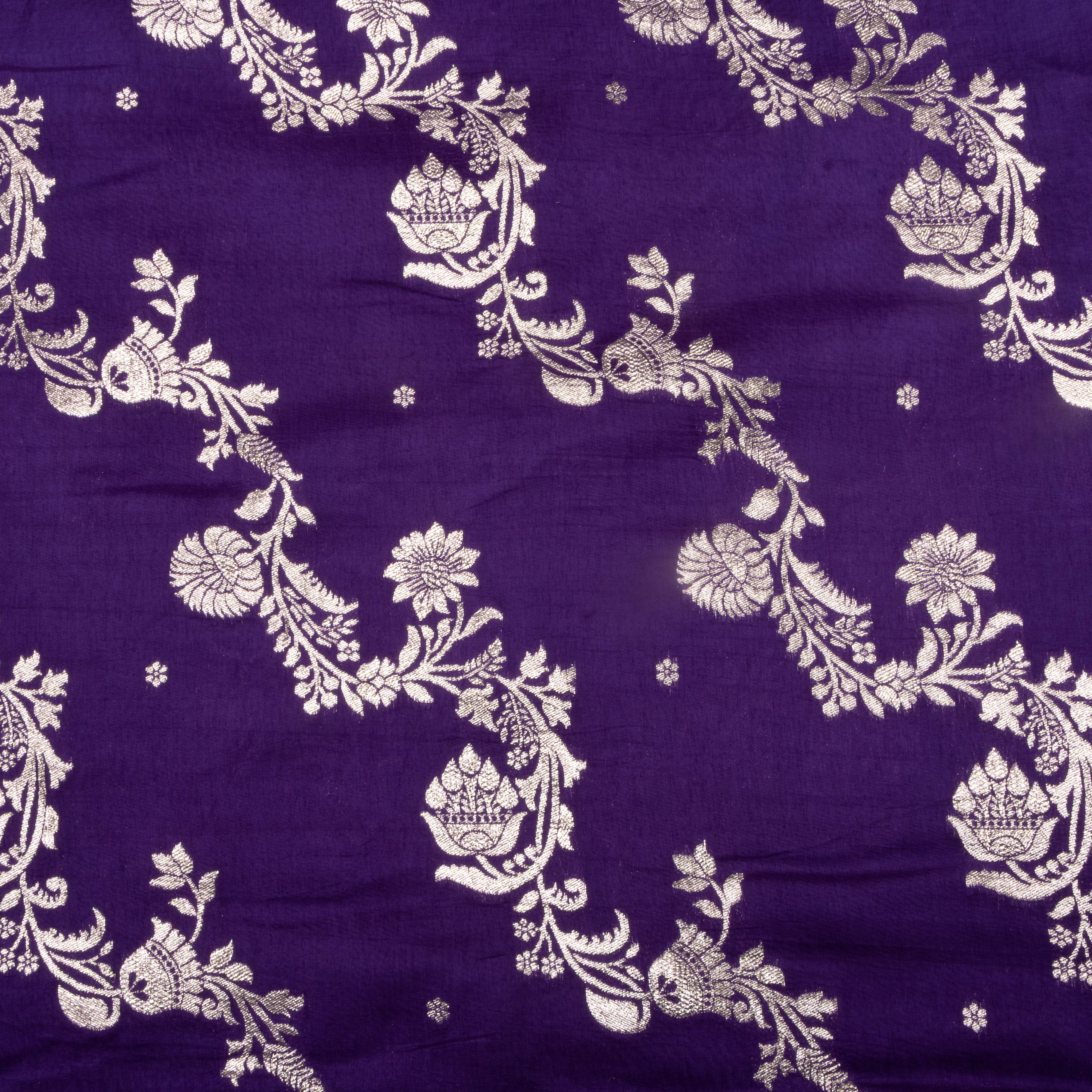 Purple Floral Zari Woven Jamawar Silk Fabric