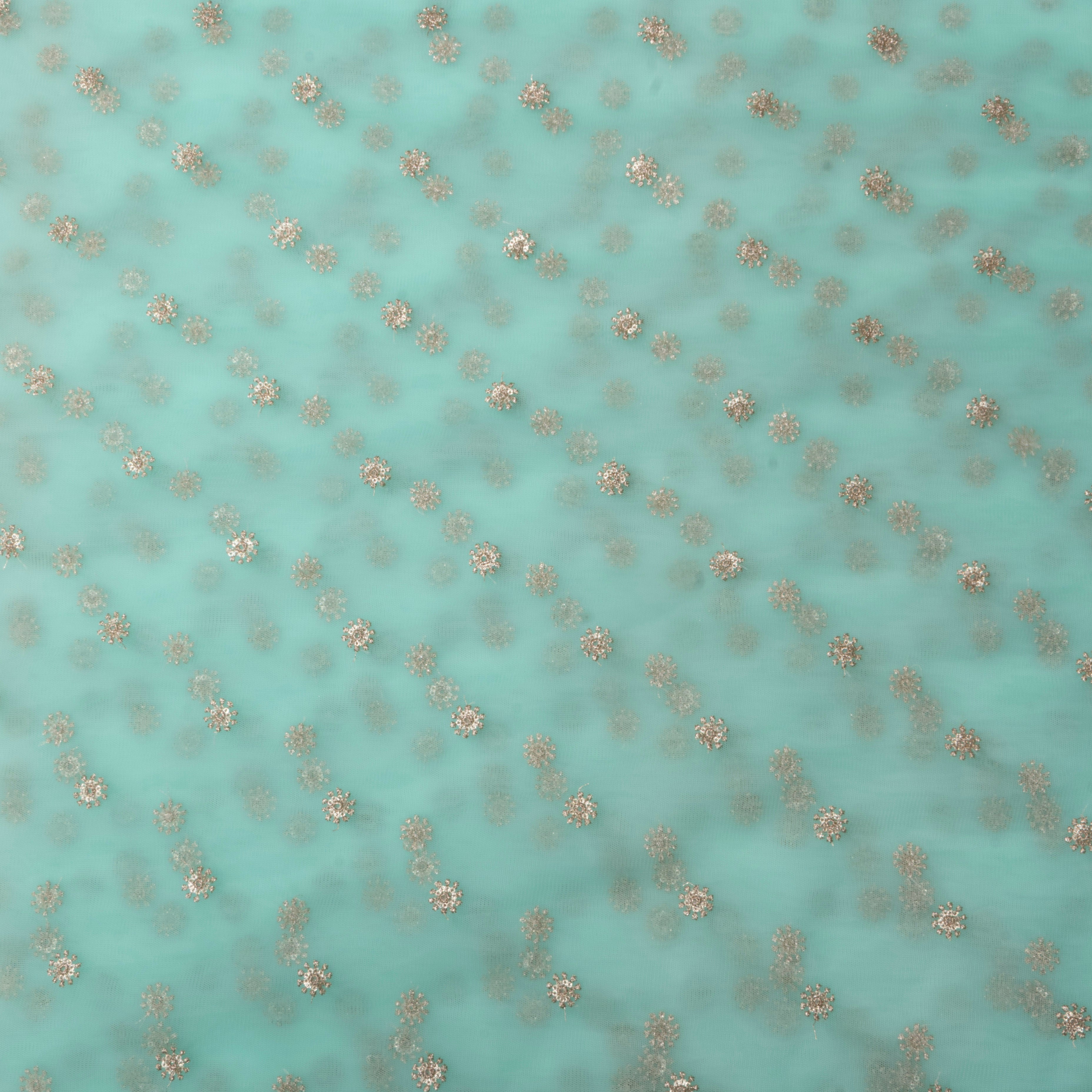 Cyan Blue Floral Embroidered Net Fabric