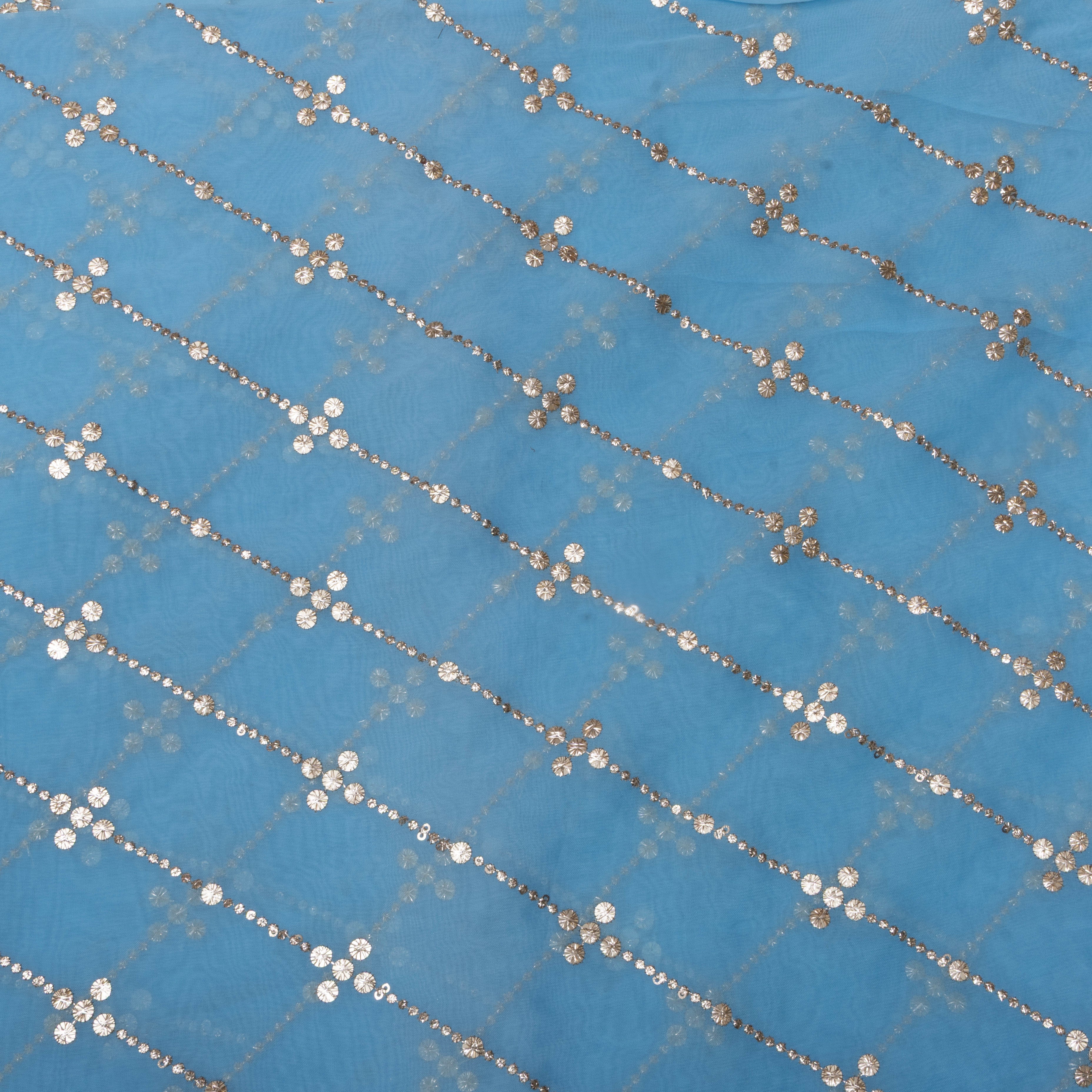Sky Blue Foil Embroidered Organza Fabric