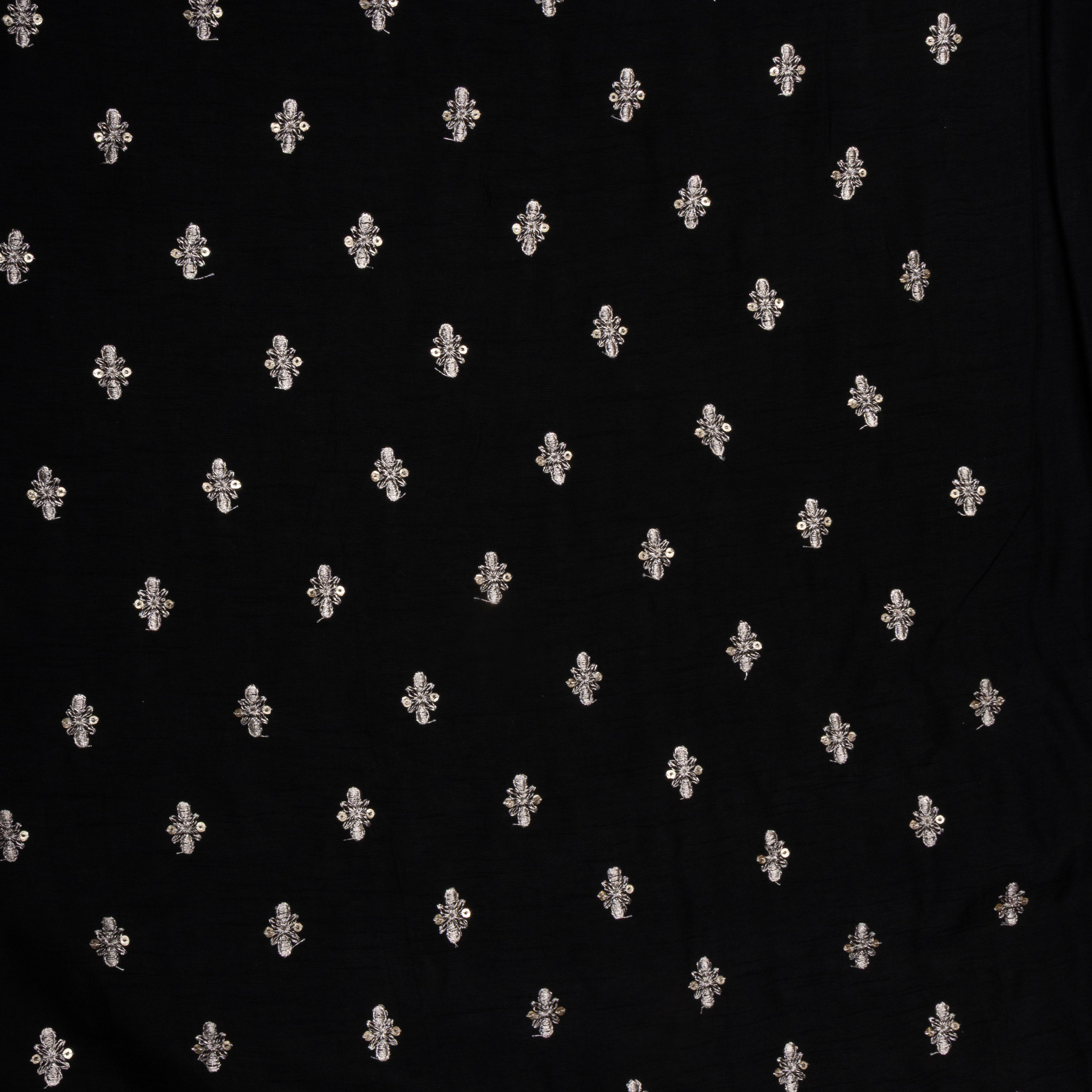 Black Floral Embroidered Silk Fabric