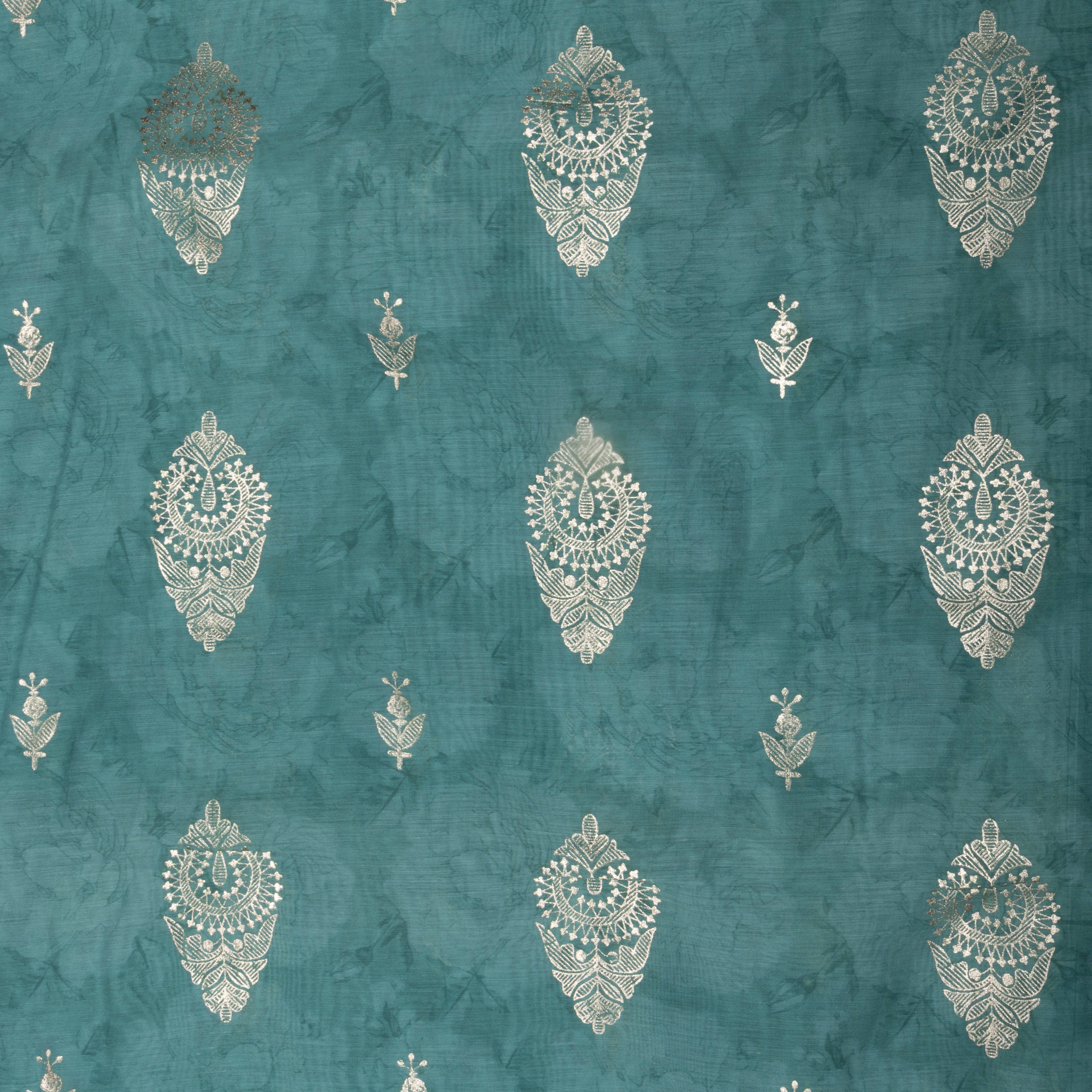 Teal Blue Floral Printed Chanderi Fabric