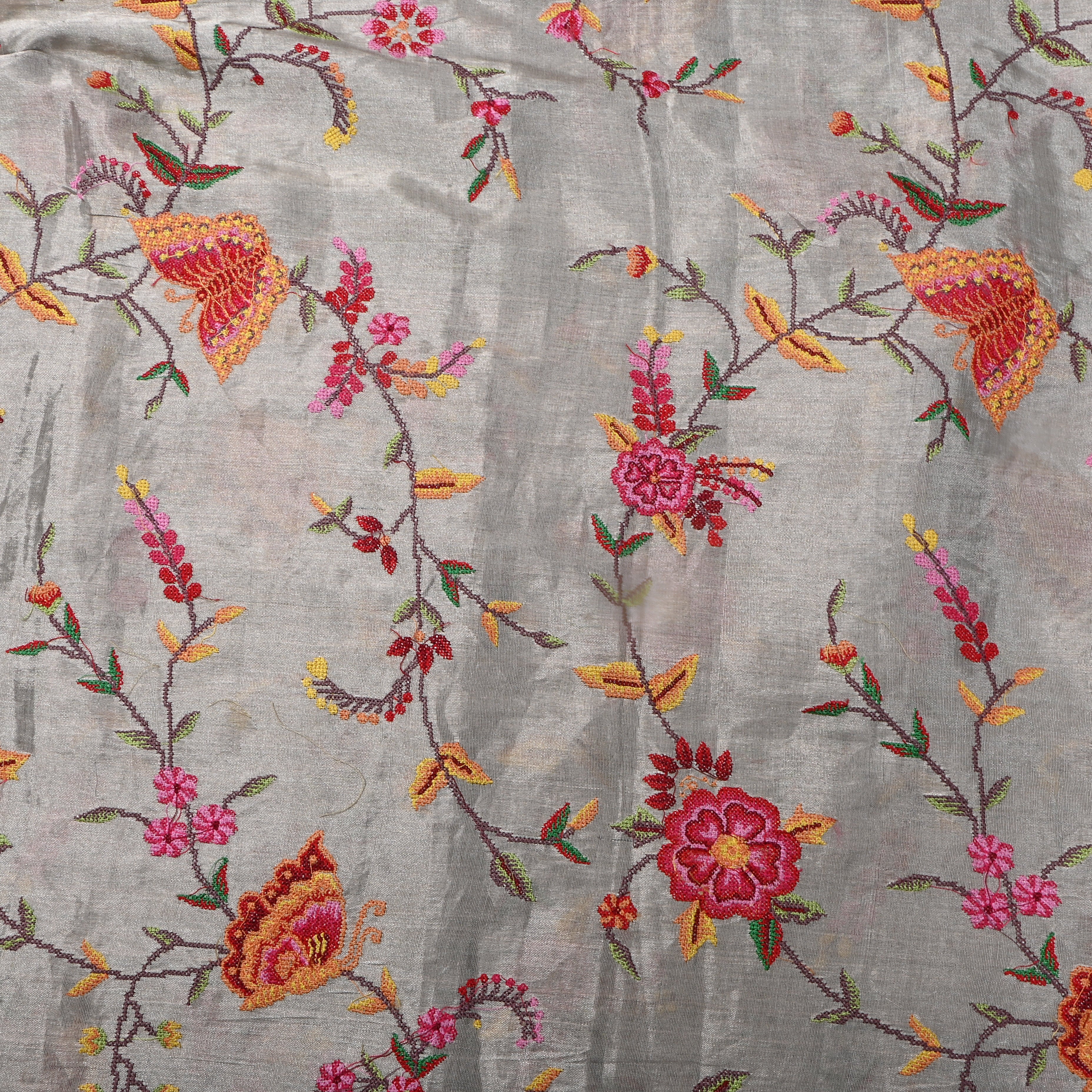 Silver Embroidered Floral Tissue Fabric