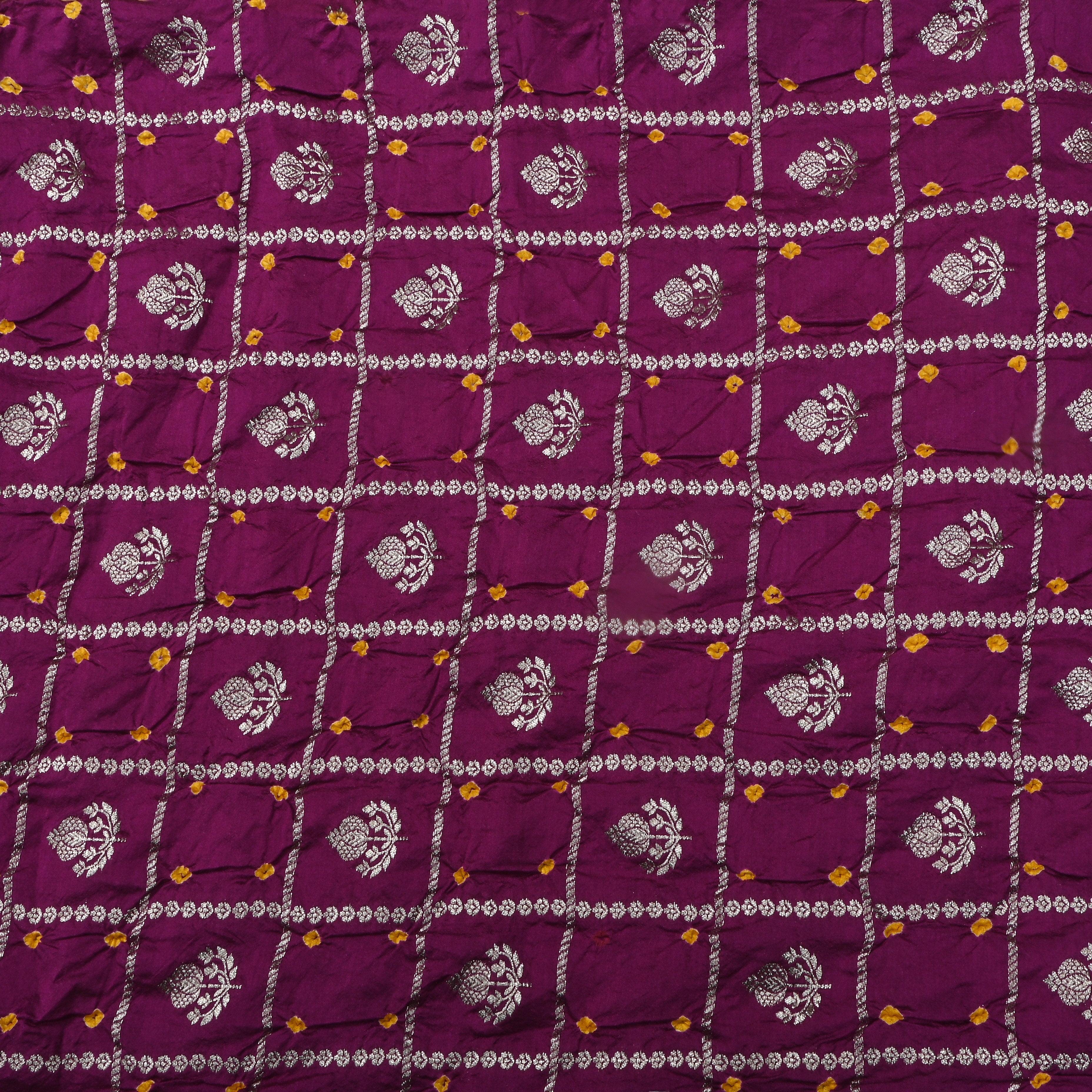 Magenta Purple Zari Woven Silk Bandhani Fabric