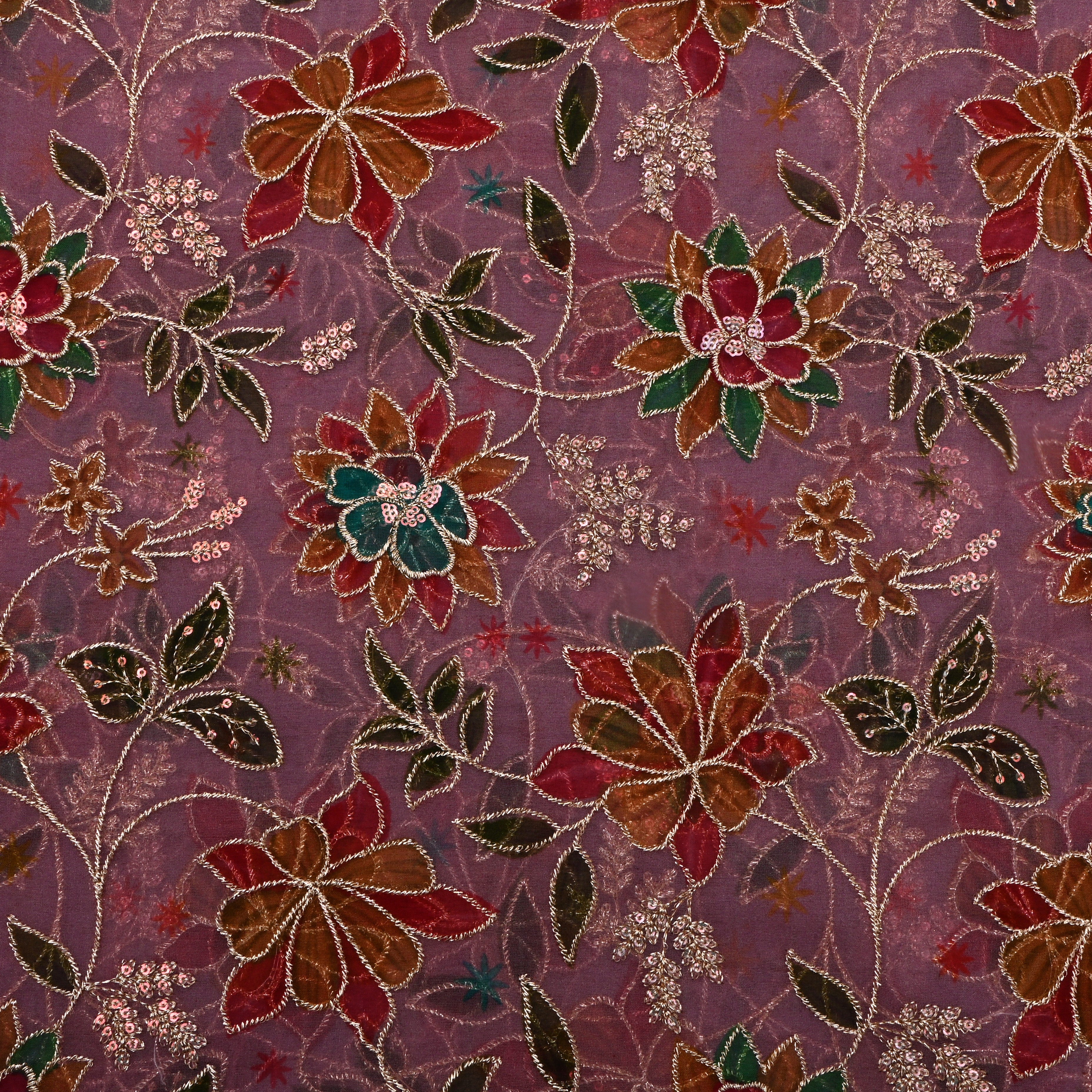 Dark Raspberry Zari Embroidered Organza Fabric