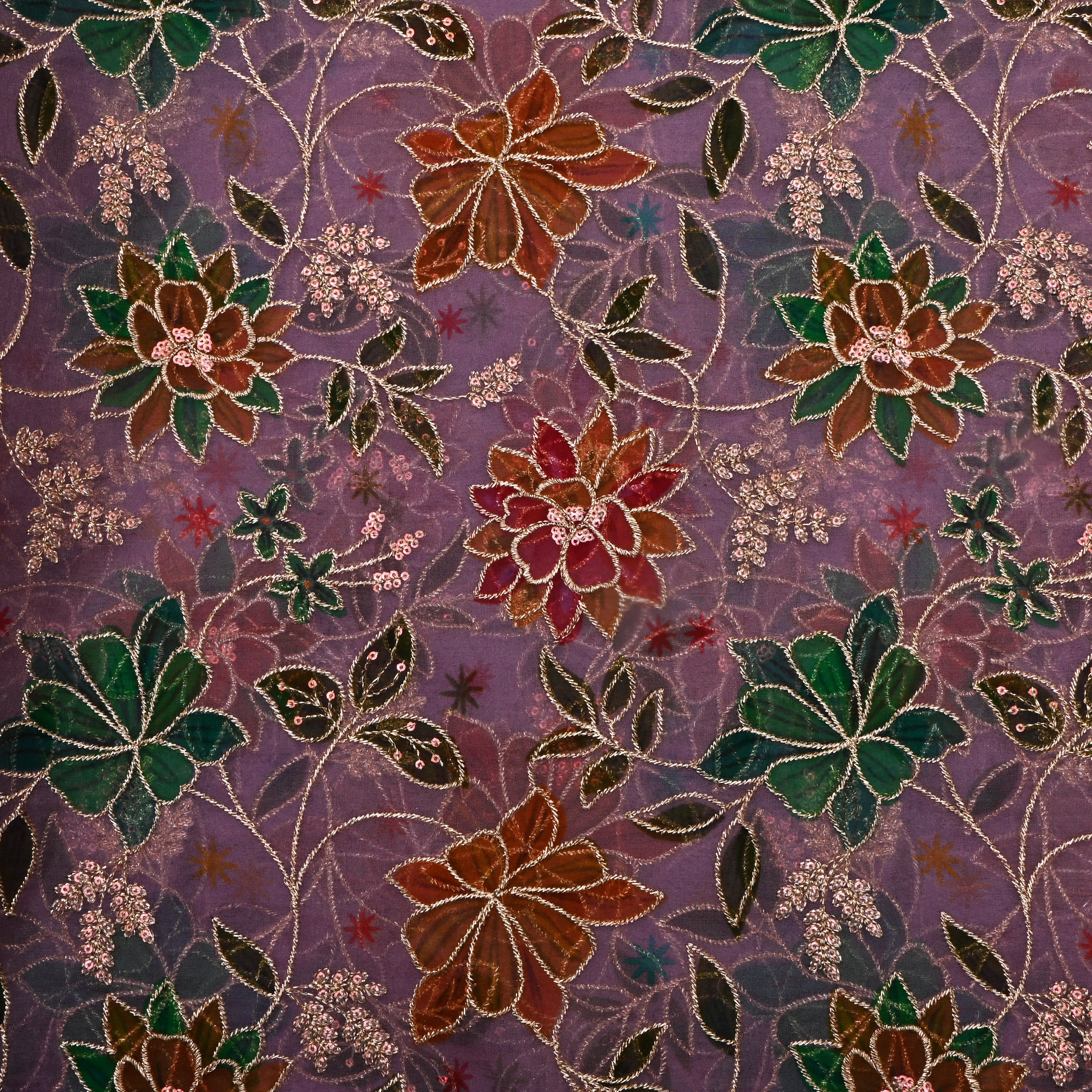 Mauve Purple Floral Embroidered Organza Fabric