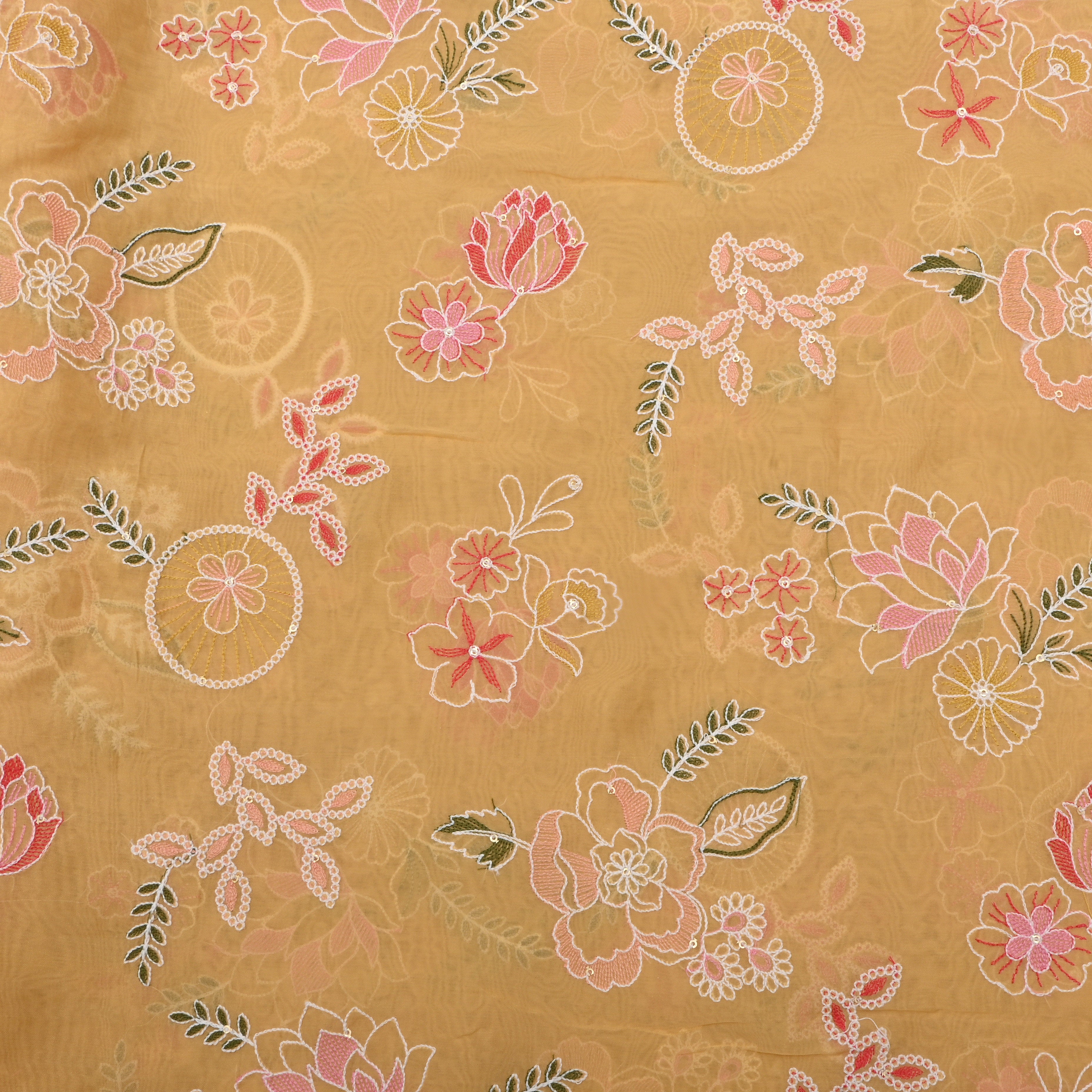 Muted Yellow Floral Thread Embroidered Organza Fabric