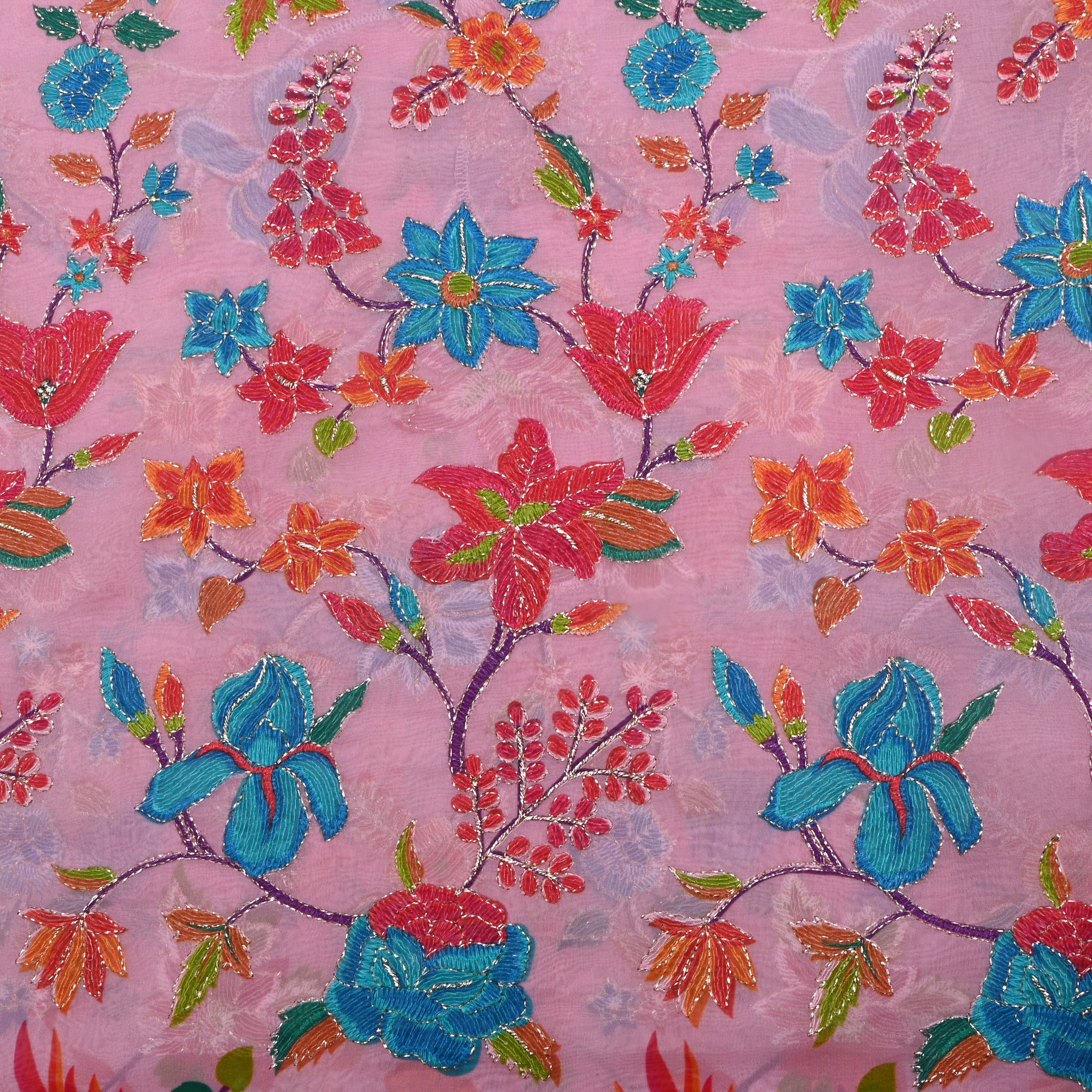 Pastel Pink Floral Printed Organza Fabric