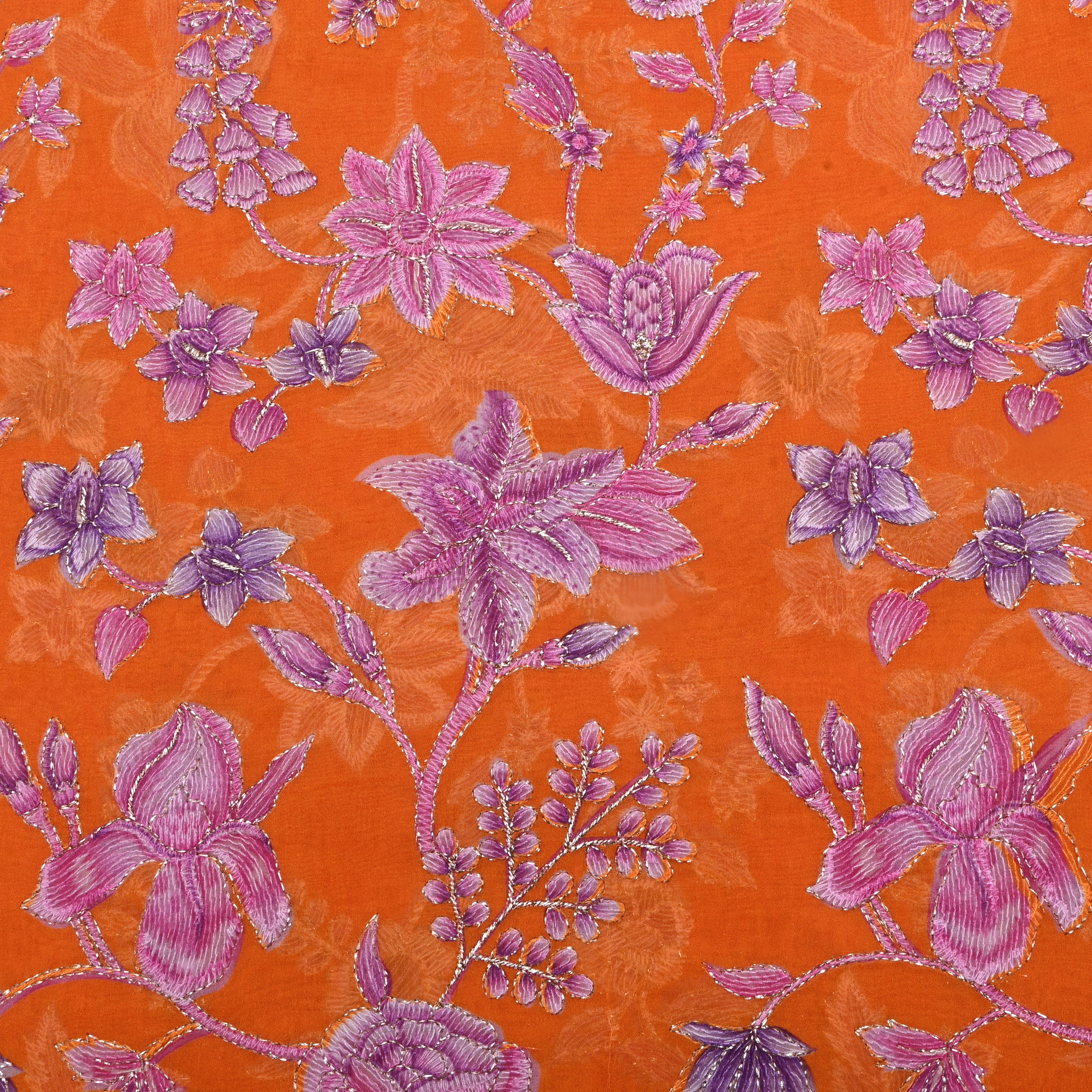 Orange Floral Printed Organza Fabric