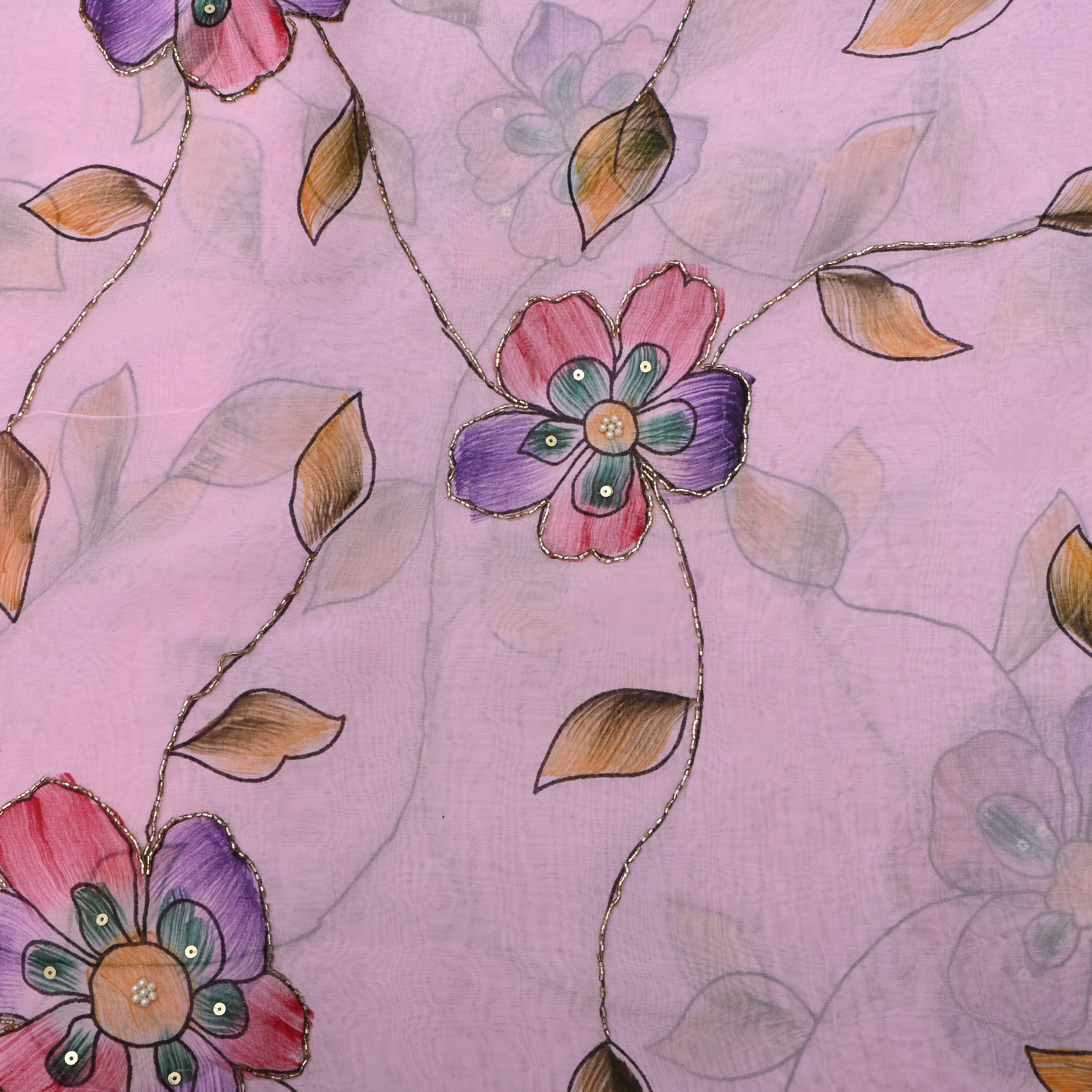 Pale Pastel Pink Floral Printed Organza Fabric