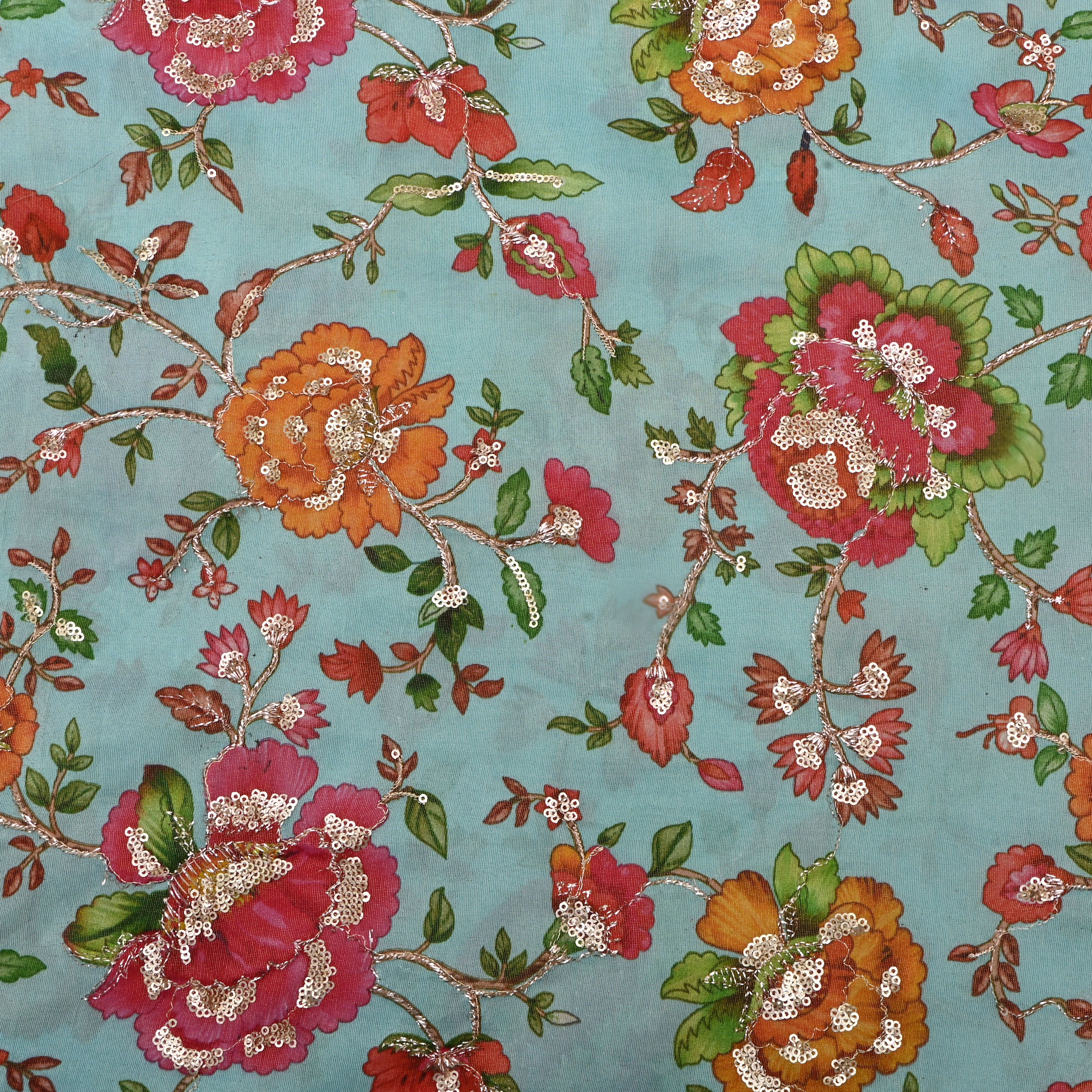 Light Turquoise Floral Printed Tissue Fabric