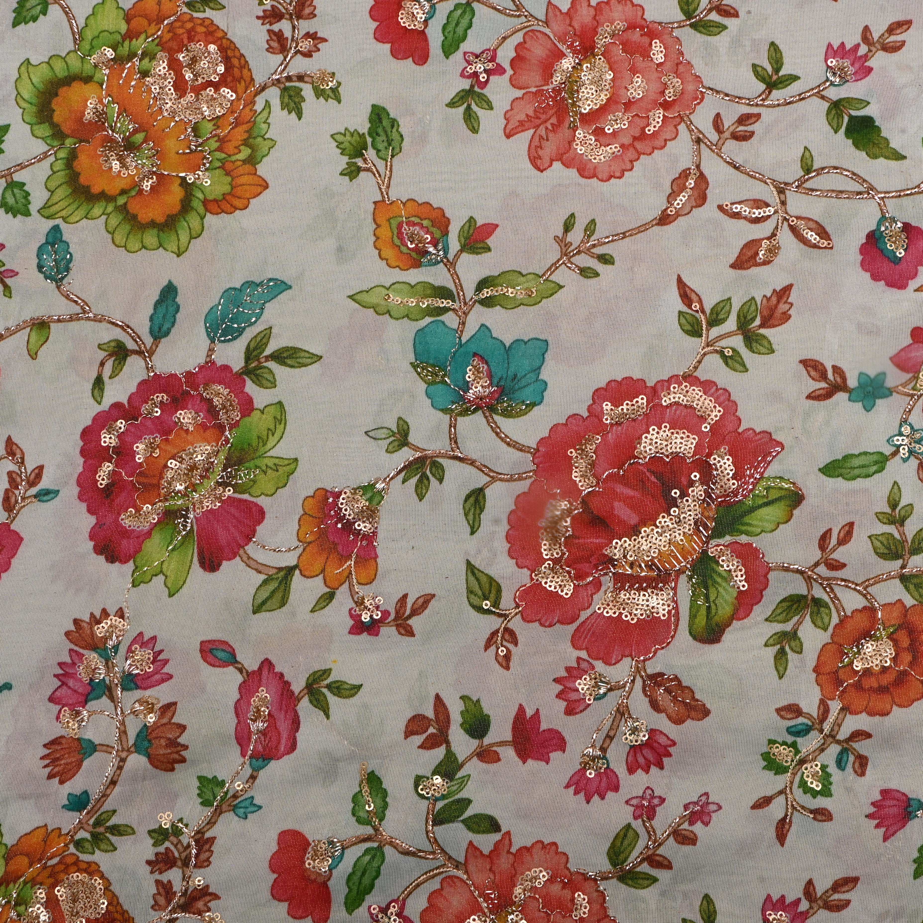 Marble White Floral Printed Tissue Fabric