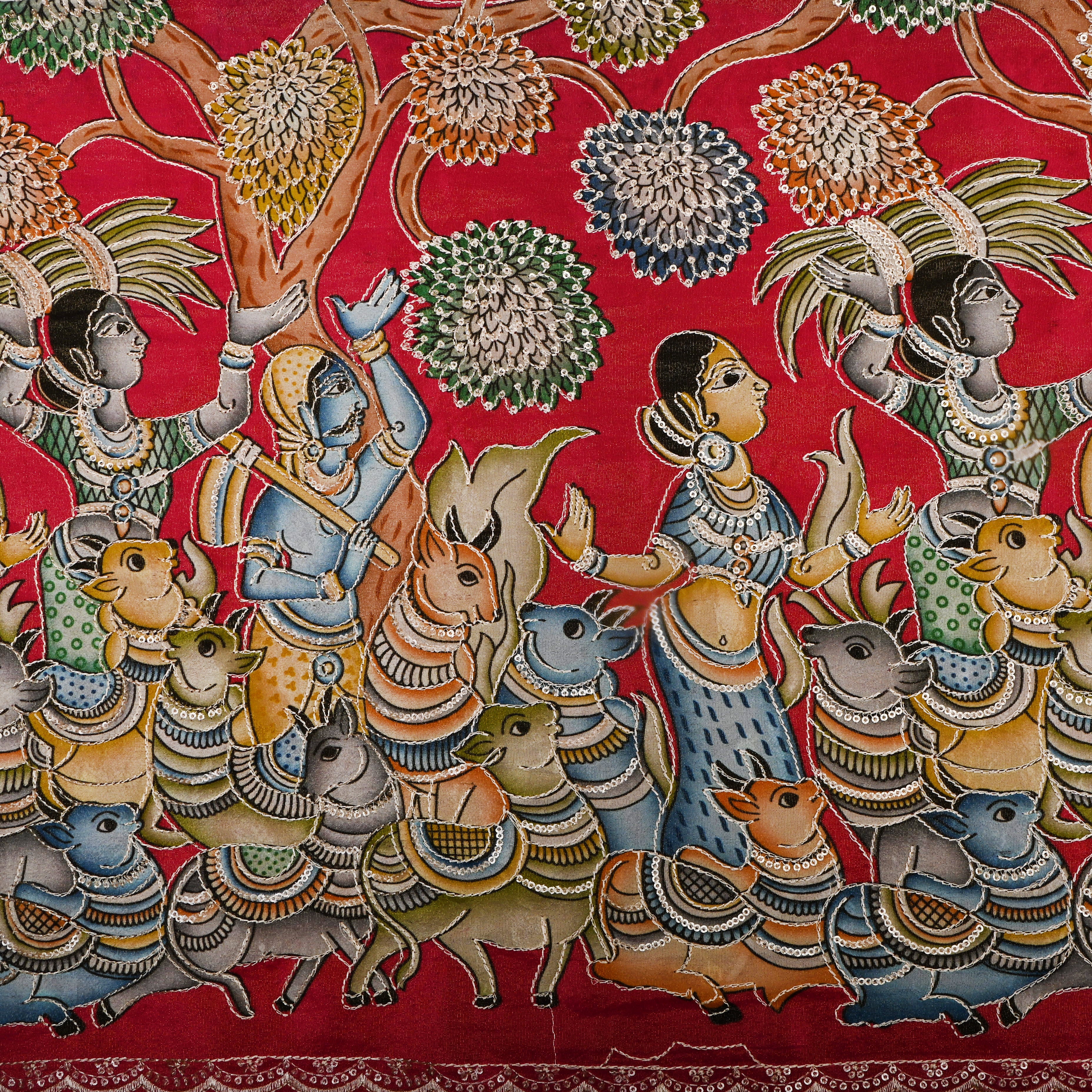 Vintage Red Pichwai Printed Tissue Fabric