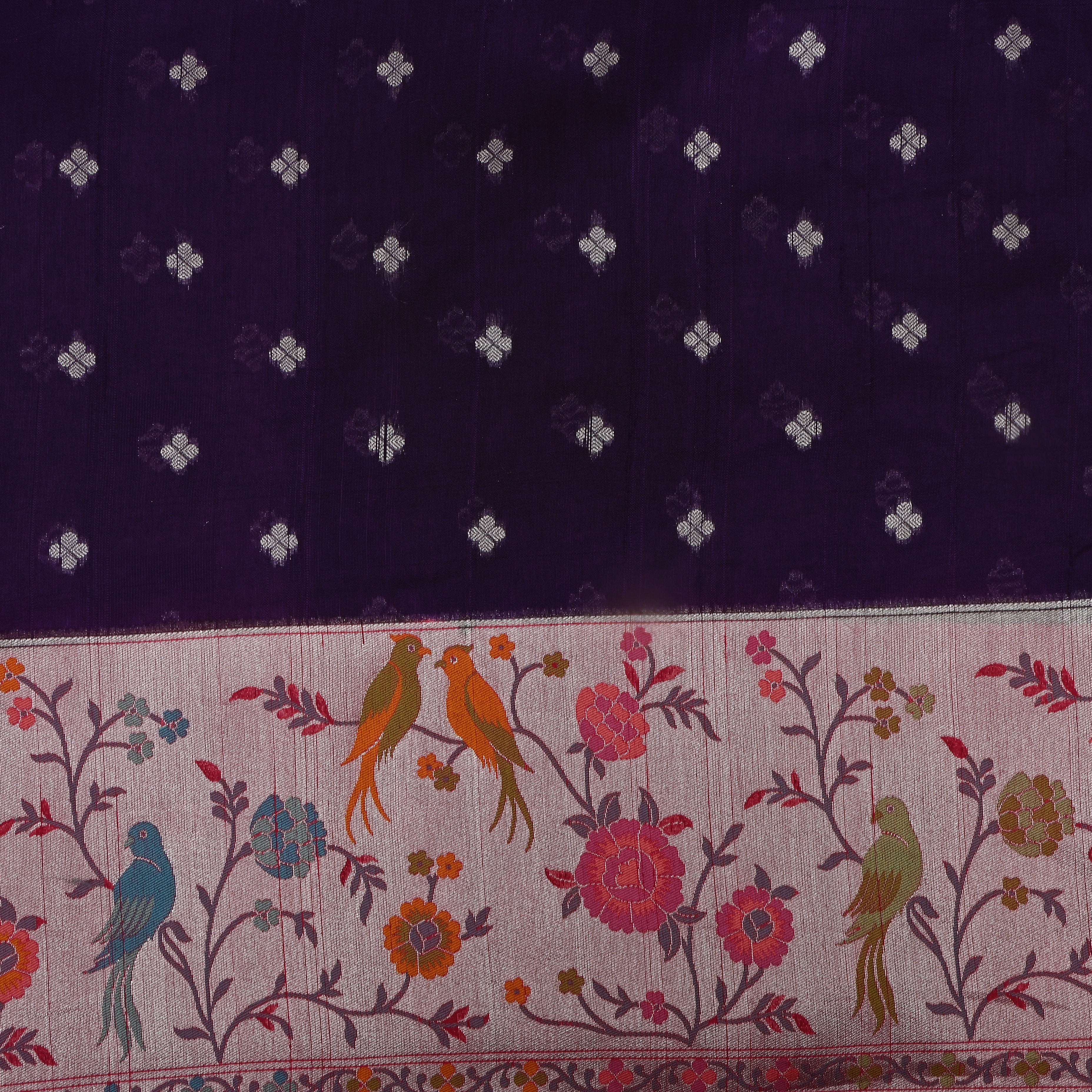 Dark Purple Floral Jamawar Dupion Silk Fabric