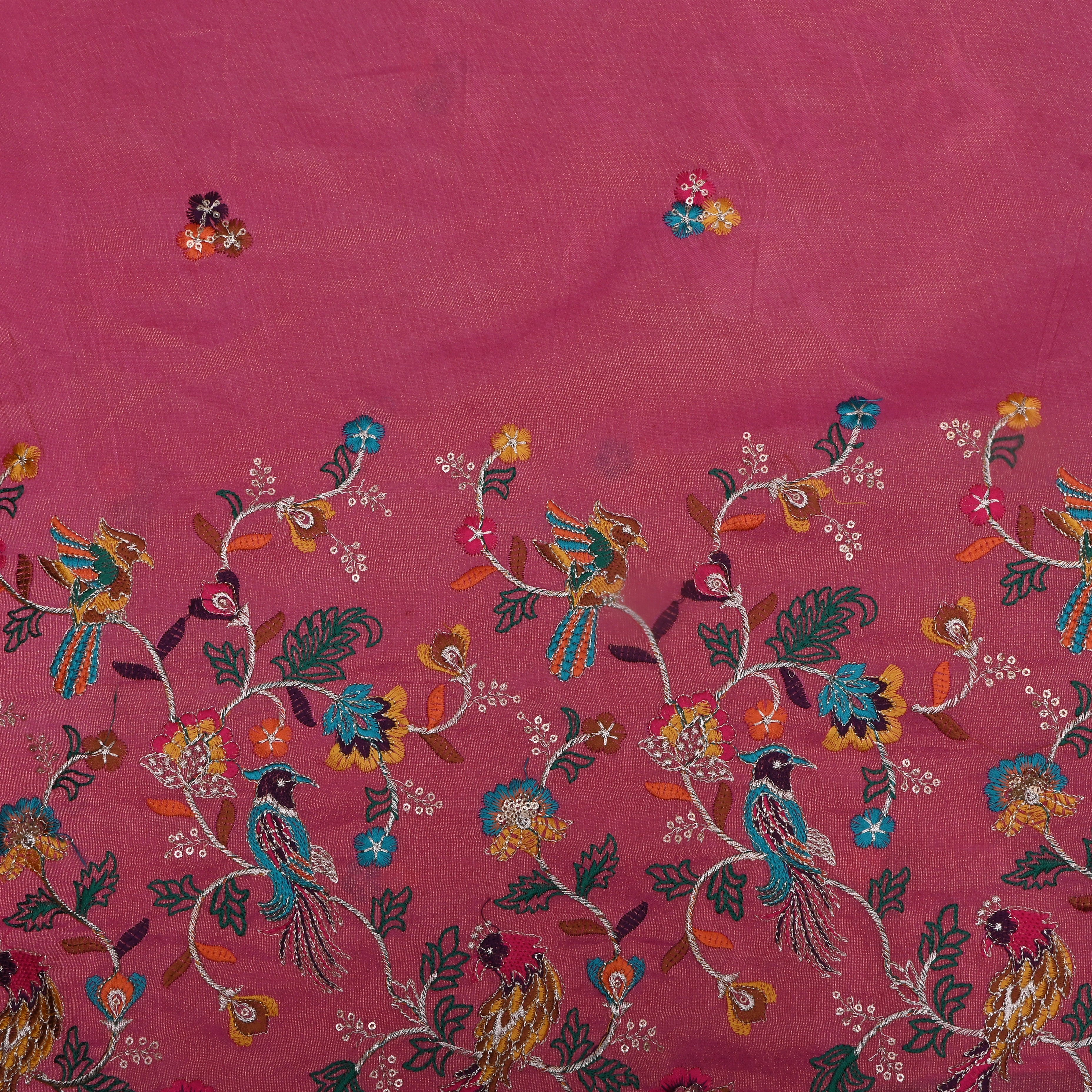 Vibrant Pink Floral Embroidery Tissue Fabric