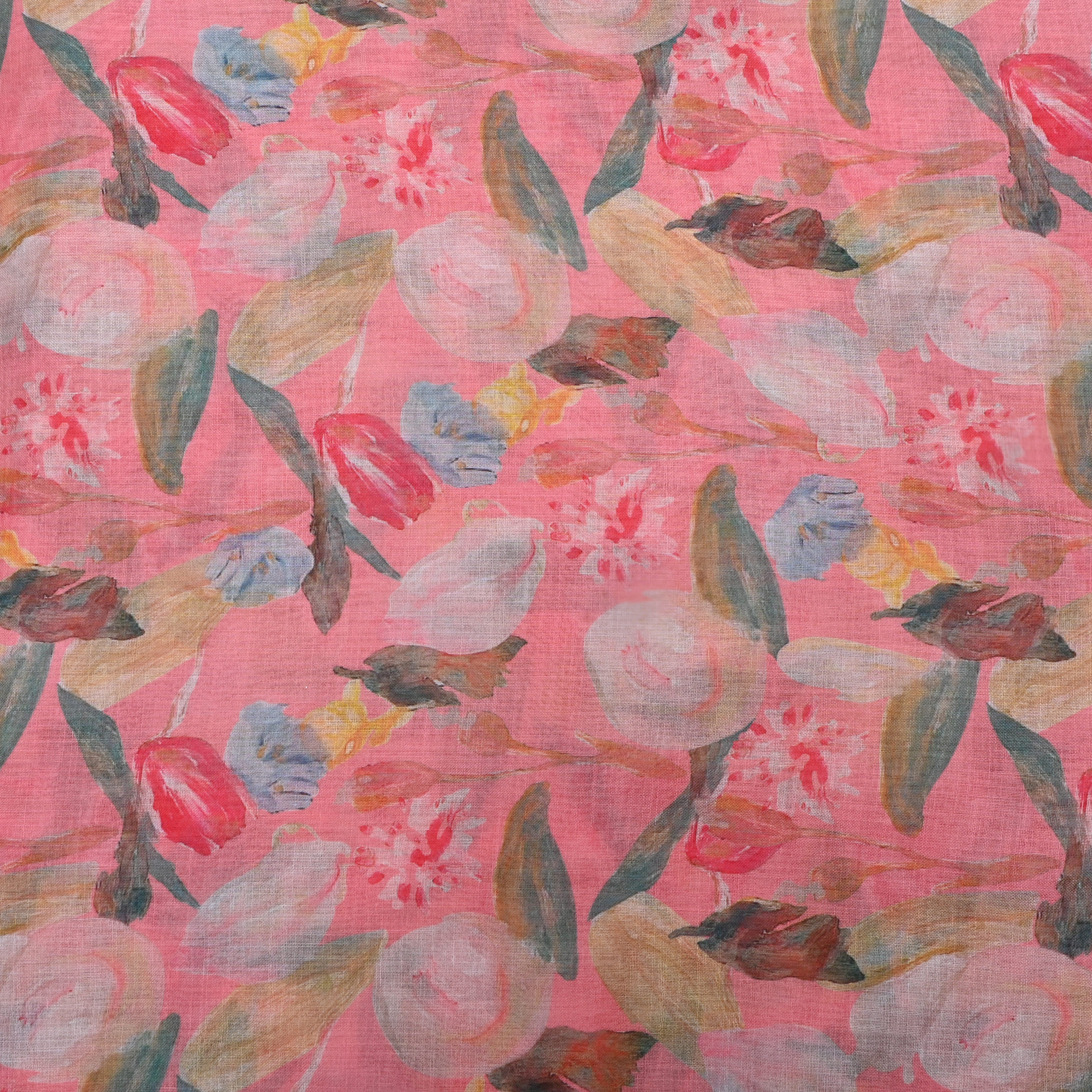 Flamingo Pink Floral Printed Linen Fabric