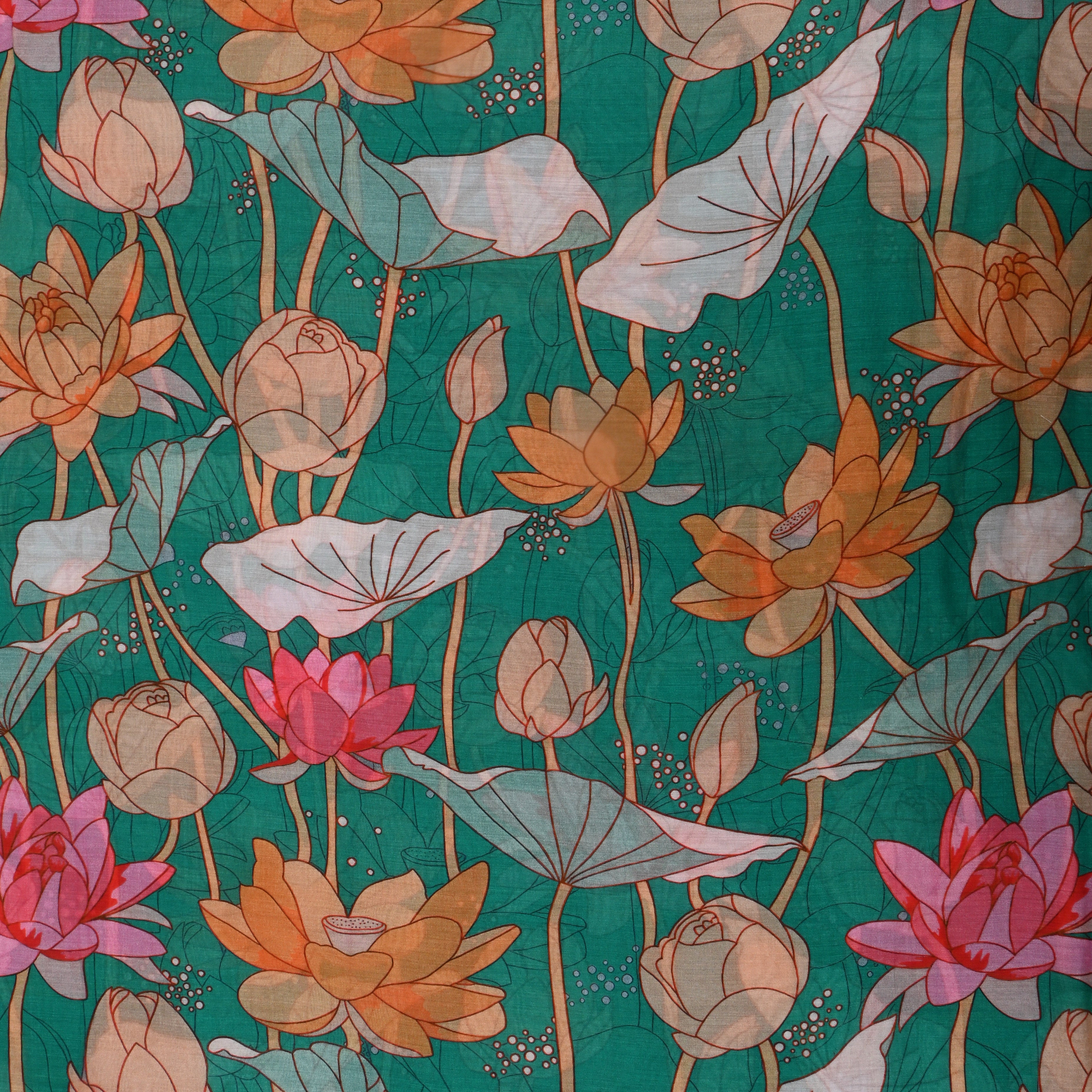 Teal Blue Lotus Printed Silk Fabric