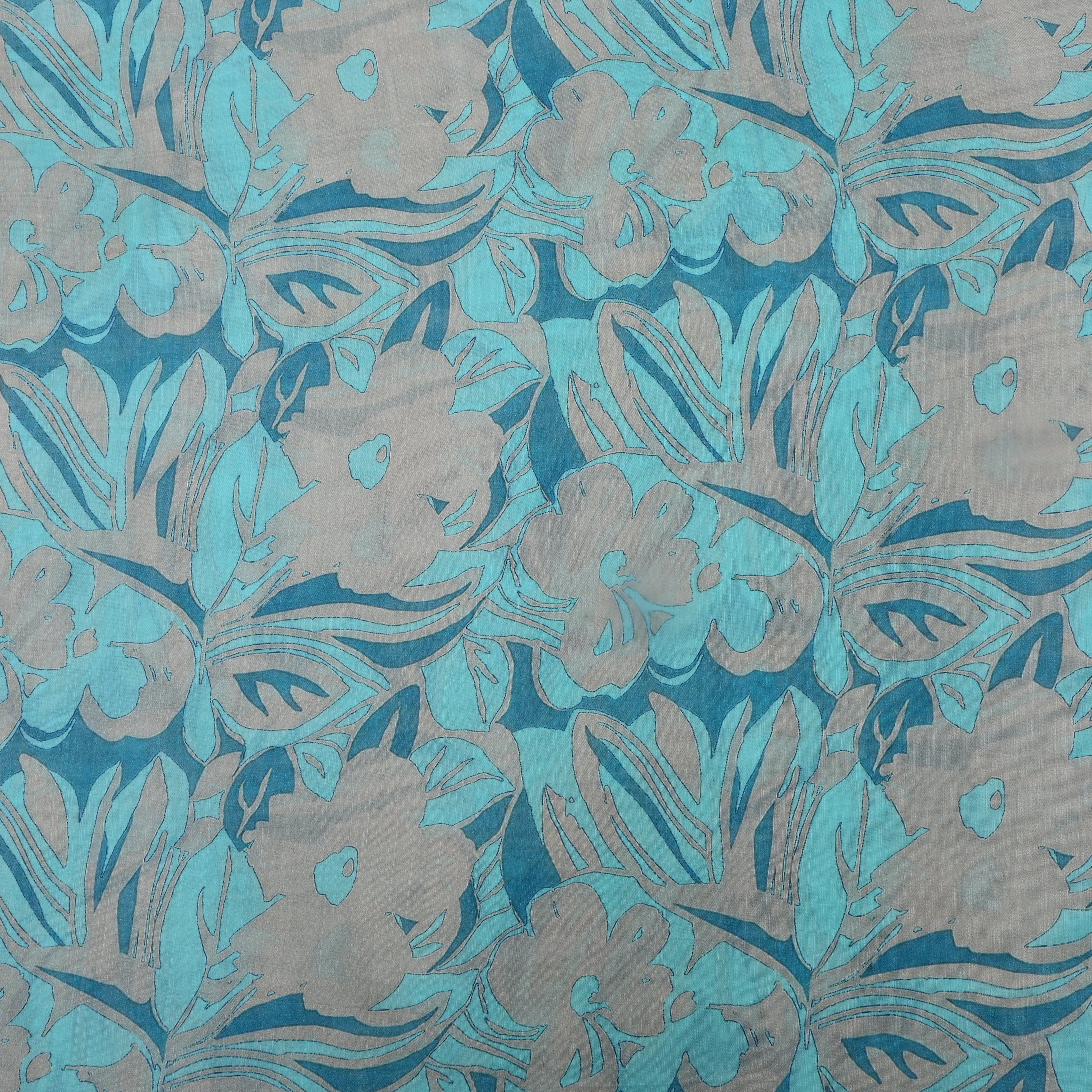 Turquoise Blue Floral Printed Silk Fabric